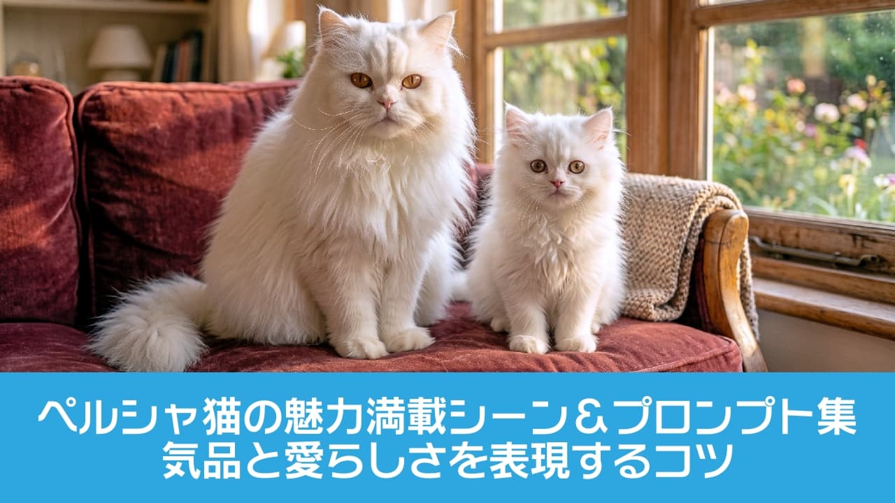 「窓辺の特等席でお行儀よく並んで日向ぼっこ☀️ ふかふかの真っ白ボディと大きなおめめに、心がほっこり癒されますね🥰 #ペルシャ猫 #白猫 #猫親子 #猫のいる暮らし」Ultra-realistic high-quality photograph of a regal adult white Persian cat and a gorgeous kitten sitting together on a deep red velvet sofa by a window. Bathed in warm golden hour lighting, their silky white fur and large copper eyes are captured with sharp focus and high contrast, creating a serene and elegant atmosphere. 夕暮れ時の柔らかな黄金色の光が差し込む窓辺で、深紅のベルベットソファにお行儀よく並んで座る純白のペルシャ猫の成猫と子猫。シルクのように艶やかで豊かな長毛と、くっきりと美しいカッパー（銅色）の大きな瞳が印象的。静寂で優雅な時間が流れる、細部までシャープに捉えられた高品質な情景