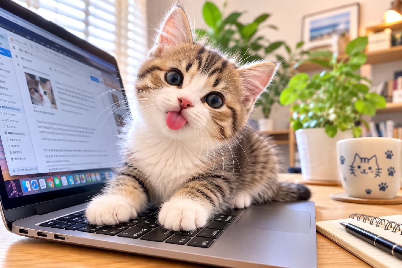 「「お仕事がんばりすぎにゃ！休むにゃ！」💻🐾 こんな可愛い邪魔なら、いつまでも大歓迎ですよね？😻 #キジ白 #猫あるある #テレワーク猫 #舌チロ #舌出し #猫好きさんと繋がりたい #子猫のいる暮らし」Ultra-realistic high-quality photograph of an incredibly cute tabby and white kitten resting its paws on a laptop keyboard on a wooden desk. The kitten is tilting its head and sticking its tongue out in an adorable blep. The background features houseplants and a cat-themed mug, perfectly capturing a work-from-home interruption. 観葉植物が置かれたおしゃれなデスク周りで、開いたノートPCのキーボードに前足を乗せ、可愛らしく首を傾げるキジ白（ブラウンタビー＆ホワイト）の子猫。くりくりの大きな瞳でこちらを見つめ、ピンクの舌をチロっと出した「あざと可愛い」表情が魅力的です。傍らには猫柄のマグカップが置かれ、テレワーク中の微笑ましいワンシーンを切り取っています