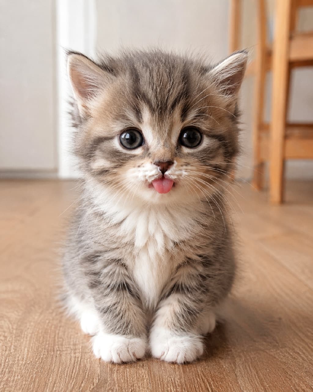 「ミルクの口ひげ？それともペロリ？あどけなさ爆発の舌チロ子猫ちゃんにキュン死確定！😻 #猫 #舌チロ #あどけない #子猫 #キジトラ #猫好きさんと繋がりたい #子猫のいる暮らし」Ultra-realistic high-quality photograph of a small, incredibly fluffy silver tabby and white long-haired kitten sitting on a wooden floor. The kitten looks directly at the camera with large dark eyes and has a distinct white pattern around its mouth resembling a milk mustache. It is performing a cute little blep, sticking its small pink tongue out. The background features blurred wooden furniture and a white door, with soft natural light illuminating the scene. An innocent and extremely cute moment. 木目調のフローリングの上にちょこんと座る、非常に毛むくじゃらなシルバータビーとホワイトの長毛種の子猫。大きな暗い瞳でカメラを見つめ、口元には白いミルクの口ひげのような模様がある。小さなピンク色の舌をチロっと出しており、背景にはぼんやりと白いドアと木製家具が見える。自然光に照らされた、あどけなく最高にキュートな瞬間