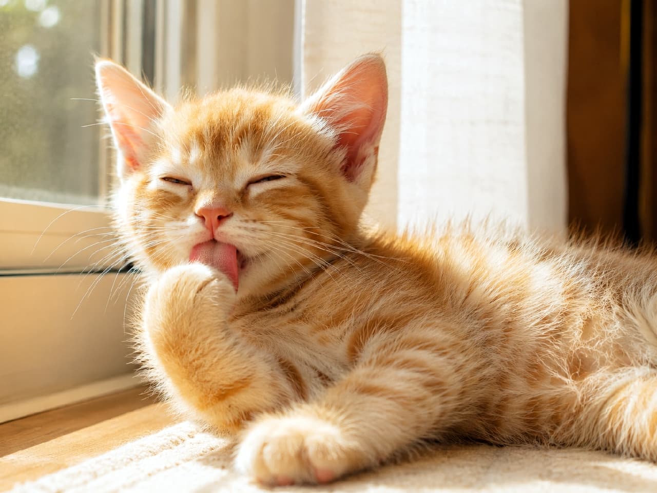 「お日さまぽかぽか、極楽にゃ〜☀️🐾 黄金色の光の中で毛づくろいする茶トラちゃんから、幸せのおすそ分け🧡 #茶トラ #日向ぼっこ #毛づくろい #舌出し #猫のいる暮らし #子猫 #舌チロ #猫好きさんと繋がりたい #子猫のいる暮らし」Ultra-realistic high-quality photograph of an orange tabby kitten grooming its front paw while basking in warm, golden sunlight by a window. The kitten's eyes are blissfully closed, and its rough pink tongue is clearly visible. The sunlight beautifully highlights the rich orange striped fur and whiskers, creating a peaceful and warm mood. 窓際の暖かな日差しを全身に浴びて、うっとりと目を閉じながら前足を毛づくろいしている茶トラ（レッドタビー）の子猫。黄金色の光がオレンジ色の縞模様を美しく輝かせ、ザラザラとした猫特有の舌の質感や、口元の髭の1本1本までが鮮明に捉えられています。平和でぽかぽかとした雰囲気が伝わる一枚