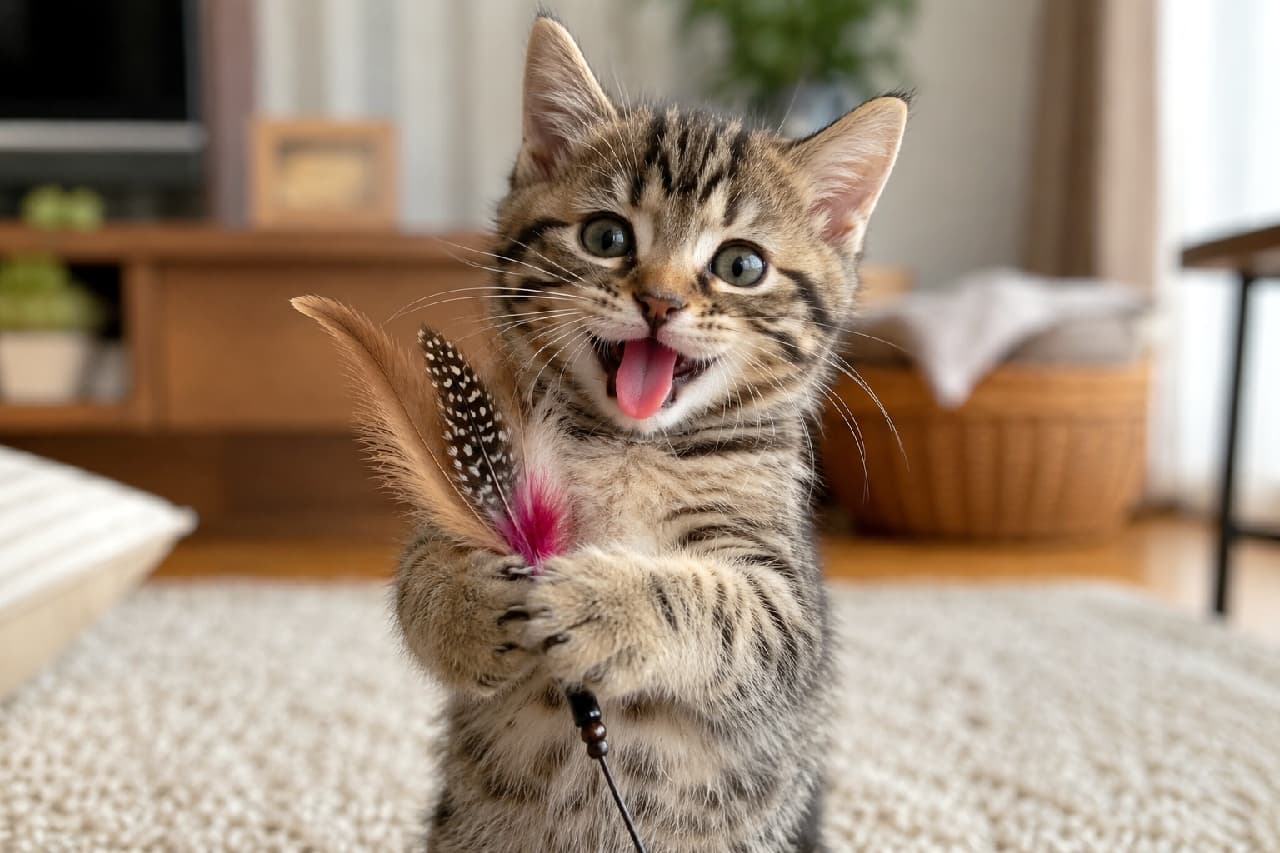 「「つかまえたにゃ！」ってドヤ顔がたまらない😹✨ 遊びに夢中な子猫の笑顔って最高の癒やしですよね💖 #キジトラ #子猫の遊び #猫のおもちゃ #舌出し #猫好きさんと繋がりたい #子猫のいる暮らし」Ultra-realistic high-quality photograph of a playful brown tabby kitten standing on a living room rug, holding a feather toy with both front paws. The kitten has a joyful, open-mouthed expression with its pink tongue sticking out, capturing a moment of pure excitement. 温かみのあるリビングルームのラグの上に立ち上がり、両前足で羽根のおもちゃをしっかりと掴んでいる元気なキジトラの子猫。大きなどんぐり眼を輝かせ、口を大きく開けてピンクの舌を出した表情は、まるで満面の笑みを浮かべているようです。背景の木製家具が生活感を優しく演出