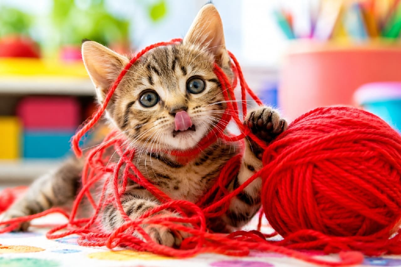 「いたずらっ子発見！👀🐾 毛糸玉に絡まりながらの「てへっ」な舌チロがたまらない〜！🧶👅 #猫のいる暮らし #やんちゃ猫 #子猫の遊び #子猫 #舌チロ #猫好きさんと繋がりたい #子猫のいる暮らし」Ultra-realistic high-quality photograph of a playful brown tabby kitten tangled in bright red yarn against a colorful, softly blurred background. The kitten is grabbing the yarn with its paw and adorably licking its nose with its small pink tongue. The vibrant lighting and dynamic pose perfectly capture the curious and energetic nature of the kitten. カラフルな子ども部屋のような明るい背景で、鮮やかな赤い毛糸玉と格闘している元気なキジトラ子猫。顔や体に毛糸を巻き付けながら、前足で毛糸を掴み、小さなピンクの舌でお鼻の頭をペロッと舐める（舌チロ）瞬間を捉えている。活き活きとした大きな瞳と、躍動感あふれるポーズが、好奇心旺盛な子猫の性格を見事に表現