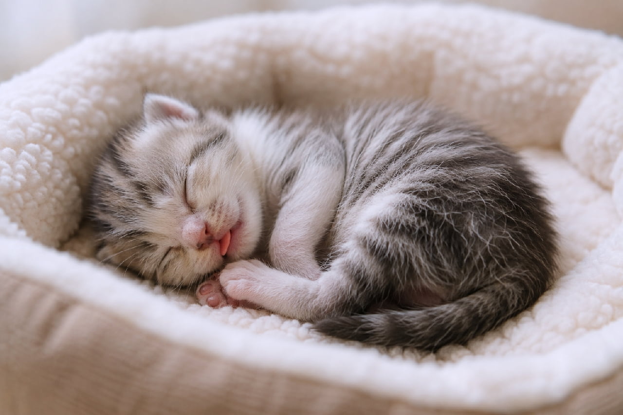 「天使の寝顔ってこういうこと👼✨ 舌をしまい忘れちゃうくらい、いい夢見てるのかな？💤🐾 #猫の寝顔 #子猫 #サバトラ #癒やし #舌チロ #猫好きさんと繋がりたい #子猫のいる暮らし」Ultra-realistic high-quality photograph of a small silver tabby and white kitten sleeping soundly, curled up in a fluffy white pet bed. The kitten is fast asleep with its eyes closed, and a tiny pink tongue is adorably slipping out of its mouth. Soft natural lighting creates gentle shadows, emphasizing the peaceful and warm atmosphere. 白いもこもこのフリース素材のペットベッドの中で、丸くなってぐっすりと眠るサバトラとホワイトの毛色を持つ子猫。安心しきったように目を閉じ、小さな口からはピンク色の舌が少しだけこぼれ落ちている。前足をギュッと顔の近くに引き寄せたポーズが愛らしく、自然光の柔らかい陰影が穏やかで平和な雰囲気を醸し出している
