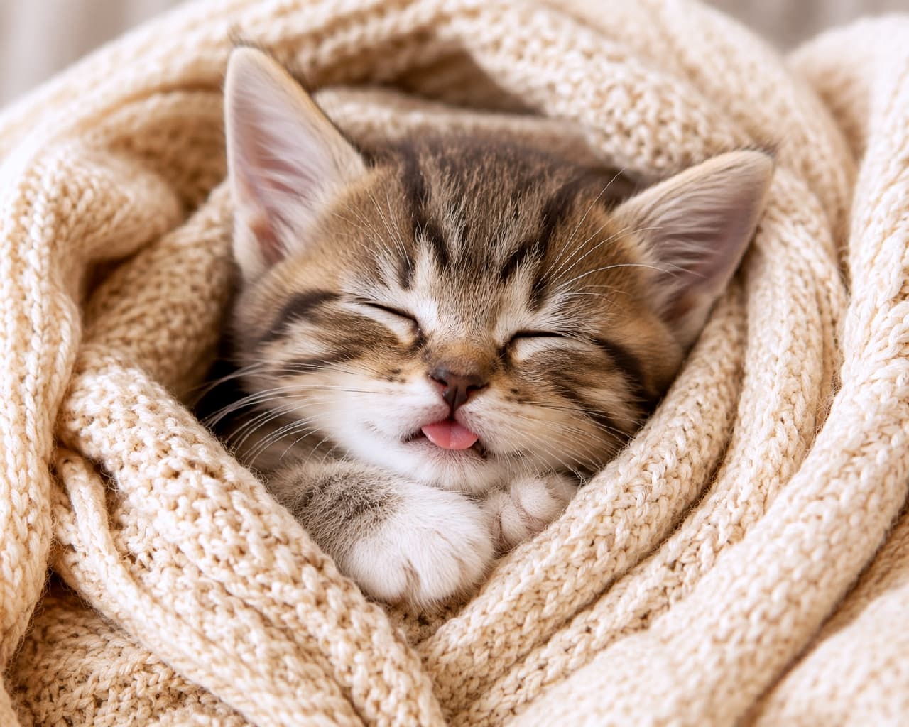 「ニットの海で夢の中…🧶💤 ぬくぬくで幸せそうなお顔と、しまい忘れた舌チロに私の心もぽっかぽかです💖 #キジトラ #子猫の寝顔 #舌出し #癒やし #猫好きさんと繋がりたい #子猫のいる暮らし」Ultra-realistic high-quality close-up photograph of a brown tabby kitten sleeping soundly wrapped in a cozy, chunky beige knit blanket. The kitten has its eyes closed peacefully and a tiny pink tongue slipping out of its mouth. The highly detailed texture of the knit and the cute white paws near its face create a warm, extremely comforting atmosphere. 暖かそうなベージュのざっくり編みニットにすっぽりと顔だけを出してくるまり、安心しきった様子でスヤスヤと眠るキジトラの子猫。目をぎゅっと閉じ、脱力した口元からはピンク色の舌がペロッとこぼれ出ています。顔の横に添えられた白い小さな前足や、ニットの立体的で柔らかな質感が、究極の癒やしと温もりを表現
