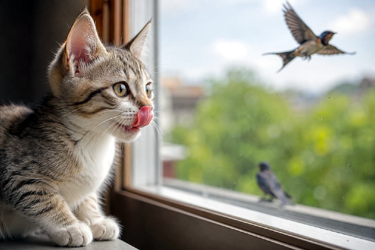 「あ、鳥さんだ！🐦✨ 窓の外の獲物に夢中になって、思わずお口をペロリとしちゃうハンターな一面にキュン💘 #キジ白 #窓辺の猫 #猫のいる暮らし #子猫の遊び #子猫 #舌チロ #猫好きさんと繋がりたい #子猫のいる暮らし」Ultra-realistic high-quality photograph of a brown tabby kitten sitting by a window, intensely watching a swallow flying outside. The kitten has wide hazel-green eyes and is licking its lips with a small pink tongue, showing its hunting instinct. Soft natural light and a blurred green foliage background complete the scene. 明るい窓辺に座り、窓のすぐ外を飛ぶツバメを興味深そうに見つめているキジトラの子猫。ハンターの本能からか、大きくて澄んだヘーゼルグリーンの目を見開き、ピンクの舌でお鼻をペロリと舐めています。背景には鮮やかな緑の木々がボケて写り込み、自然光が子猫の美しいトラ模様を照らしています