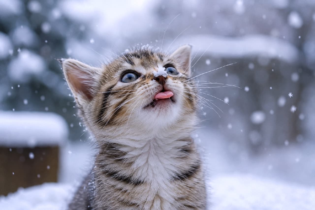 「初めての雪、冷たいにゃ❄️👅 お鼻にちょこんと乗った雪と舌チロの組み合わせがエモすぎる！⛄️💖 #キジトラ #冬 #初めての雪 #子猫 #首かしげ #舌チロ #舌出し #猫好きさんと繋がりたい #子猫のいる暮らし」Ultra-realistic high-quality cinematic photograph of a tabby and white kitten looking up at falling snow in a winter landscape. A delicate snowflake rests on its nose as it adorably sticks out its pink tongue. The softly blurred snowy background emphasizes the kitten's wide-eyed wonder and fluffy winter coat. 雪が舞い散る冬の屋外で、空を不思議そうに見上げるキジ白の子猫。可愛らしいピンクの鼻の頭には冷たい雪の結晶が乗り、口元からは舌がペロッと出ています。ぼんやりと霞む雪景色を背景に、子猫の好奇心に満ちた大きな瞳と、柔らかな冬毛のディテールが美しく捉えられたシネマティックな一枚
