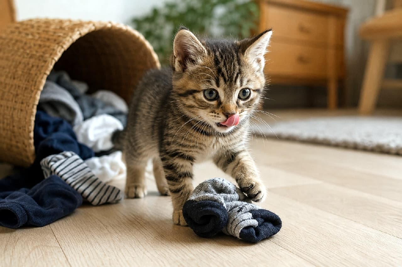 「「この靴下はボクのおもちゃにゃ！」🧺🐾 お洗濯のお手伝い（？）に夢中で舌が出ちゃうキジトラちゃんが可愛すぎます💕 #キジトラ #いたずら猫 #子猫 #舌出し #猫好きさんと繋がりたい #子猫のいる暮らし」Ultra-realistic high-quality photograph of a playful brown tabby kitten with its paw on a rolled-up pair of striped socks spilling from a wicker laundry basket. The kitten is looking down with large eyes and cutely sticking out its pink tongue. The blurred background features wooden furniture and houseplants, creating a warm domestic scene. 倒れた籐の洗濯かごから溢れ出た衣類の中で、丸まった紺とグレーのボーダー靴下に前足をかけ、イタズラっぽく舌を出しているキジトラの子猫。くりくりとした大きな瞳で靴下を見つめ、ピンクの舌をペロッと出しています。背景には木製のチェストや観葉植物が配置され、ナチュラルで温かみのある室内の雰囲気が描写されています