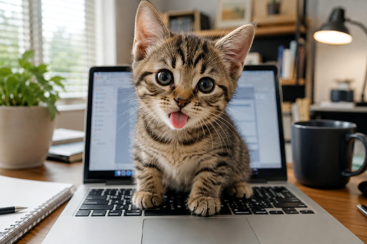 「「このキーボードは今日から私のベッドにゃ！」😼💻 ドヤ顔で舌チロする強気な姿勢に降参です！🏳️💕 #キジトラ #お仕事の邪魔 #猫あるある #テレワーク #舌チロ #舌出し #猫好きさんと繋がりたい #子猫のいる暮らし」Ultra-realistic high-quality photograph of a bold brown tabby kitten sitting squarely in the middle of a laptop keyboard. The kitten stares directly into the lens with large eyes and a cheeky blep. The blurred office desk background emphasizes the kitten's humorous takeover of the workspace. オフィス風のデスクに置かれたノートPCのキーボードの真ん中に堂々と座り込むキジトラの子猫。真っ直ぐなカメラ目線で大きな瞳を見開き、少し生意気そうにピンクの舌をペロッと出した表情がユーモラスです。背景のモニター画面やマグカップが適度にボケており、子猫の存在感と「PC占領中」のストーリーを際立たせています