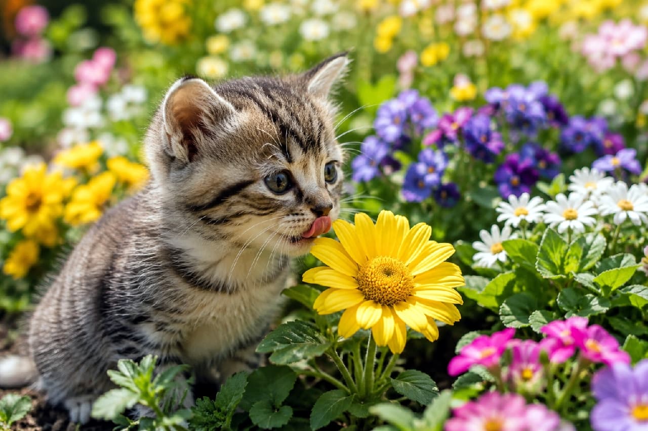 「お花、どんな味がするのかな？🌼👅 春らんまんの花畑で好奇心いっぱいの子猫ちゃんにキュン💘 #キジトラ #お花畑 #春 #舌出し #猫好きさんと繋がりたい #子猫のいる暮らし」Ultra-realistic high-quality photograph of a curious brown tabby kitten in a vibrant flower garden. The kitten is leaning towards a large yellow flower, adorably sticking out its pink tongue as if to taste or smell it. The bright, natural sunlight enhances the colorful, springtime atmosphere. 色鮮やかなパンジーやマーガレットが咲き乱れる春の花畑で、ひときわ大きな黄色い花に顔を近づけるキジトラの子猫。興味津々な様子で真剣な横顔を見せながら、小さなピンクの舌をペロリと出して花の香りを楽しんでいるようなロマンチックな瞬間です。自然光が子猫の毛並みと花々を美しく照らしています