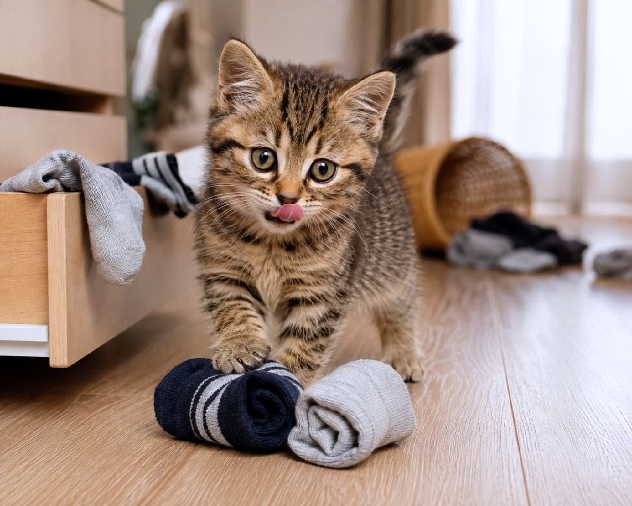 「靴下ドロボー発見！🐾👮‍♂️ 「ん？なんか用かにゃ？」ってドヤ顔で舌チロされたら、怒る気もなくなっちゃう😻 #靴下ドロボー #キジトラ #子猫のいたずら #子猫 #舌出し #猫好きさんと繋がりたい #子猫のいる暮らし」Ultra-realistic high-quality photograph of a cheeky brown tabby kitten standing with its paw on rolled-up socks pulled from an open wooden drawer. The kitten stares directly at the camera with wide eyes and a funny blep. The blurred background shows a tipped basket and scattered socks, emphasizing the playful mischief. 開いた木製の引き出しから靴下を引っ張り出し、丸まった紺色とグレーの靴下の上に前足を乗せて堂々と立っているキジトラの子猫。カメラに向かって大きなどんぐり眼を見開き、ピンクの舌をペロリと出したドヤ顔を披露しています。背景には倒れたカゴや散らばった靴下がボケて写り、イタズラ成功のストーリーをユーモラスに伝えています