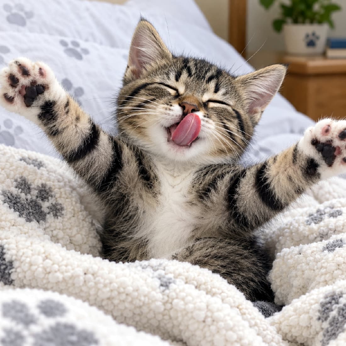 「ぐっすり寝たにゃ〜っ！🙌💤 全力バンザイからの舌チロあくび、見ているだけで元気出ちゃう！🐾☀️ #子猫 #へそ天 #バンザイ #あくび猫 #舌出し #猫好きさんと繋がりたい #子猫のいる暮らし」Ultra-realistic high-quality photograph of a tabby and white kitten stretching enthusiastically in a bed covered with a paw-print blanket. The kitten has its eyes squeezed shut, both front paws thrown wide open showing its toe beans, and its pink tongue sticking out in a large yawn or blep. The warm lighting creates a cozy morning atmosphere. 肉球の柄がデザインされたフワフワのブランケットの中で、目をギュッとつむり、両前足を思い切り広げてバンザイのポーズをするキジ白の子猫。大きく開けた口からはザラザラとした質感のピンクの舌がダイナミックに飛び出しており、黒とピンクの肉球も愛らしく見えています。朝の目覚めのような平和な寝室の光景