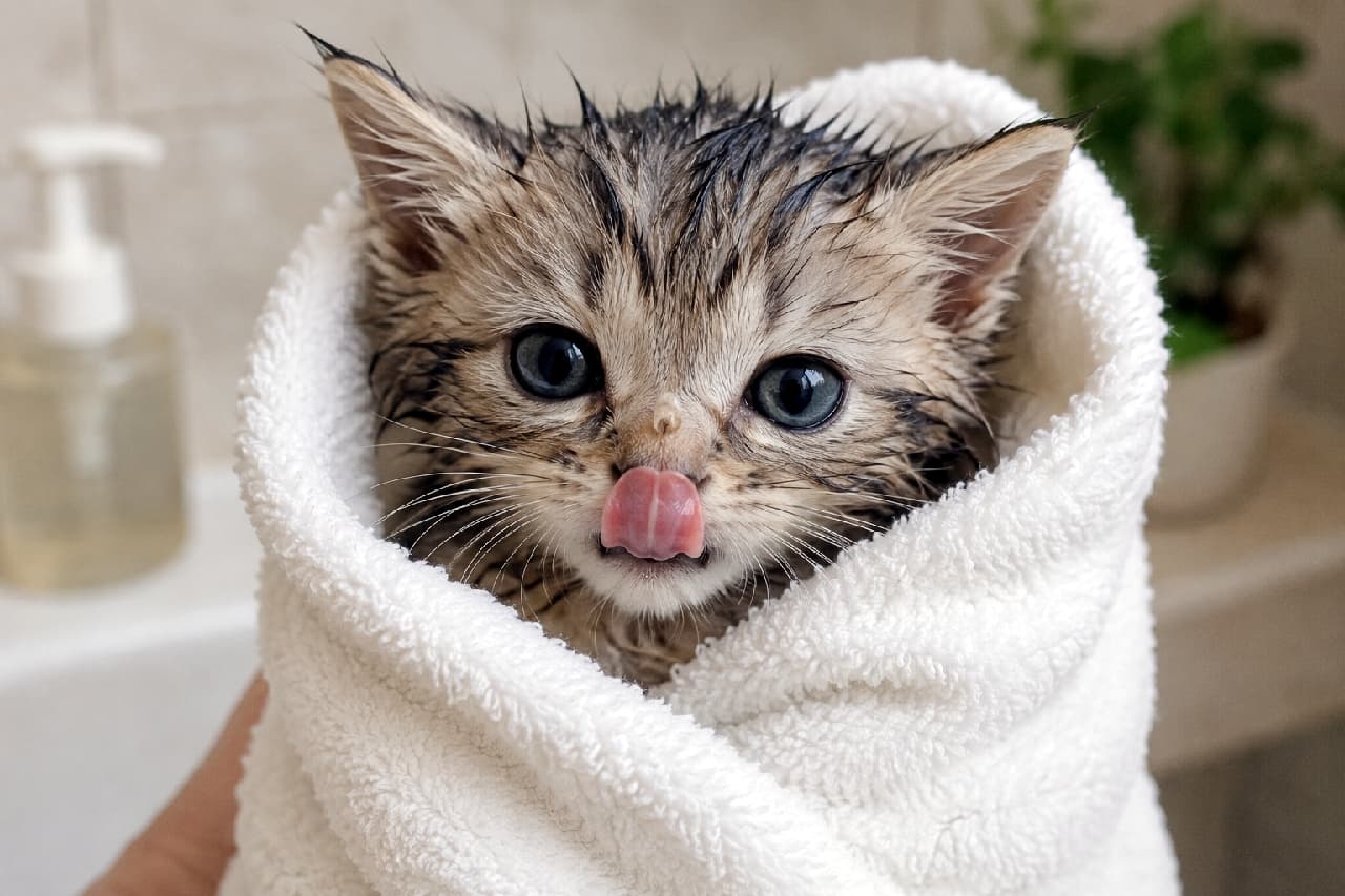 「お風呂がんばったにゃ！🚿✨ タオルにくるまれた濡れネズミならぬ「濡れ子猫」のお鼻ペロリ、たまりませんよね🛁💖 #猫のお風呂 #子猫 #舌チロ #舌出し #猫好きさんと繋がりたい #子猫のいる暮らし」Ultra-realistic high-quality photograph of a wet kitten tightly wrapped in a fluffy white towel (purrito style) after a bath. The kitten's wet, spiked fur is highly detailed, and it is licking its nose with a bright pink tongue while looking at the camera with large dark eyes. The soft blurred background hints at a bathroom setting with a soap dispenser. シャンプー後のような濡れた毛束感のある子猫が、真っ白で厚手のタオルにすっぽりと包まれている（猫用ブリトー状態の）クローズアップ写真。大きなダークグレーの瞳でカメラを見つめながら、お鼻の頭についた水滴を舐めるようにピンク色の舌を大きくペロッと出しています。背景にはバスルームを思わせるボトルやグリーンがぼんやりと写り込んでいます