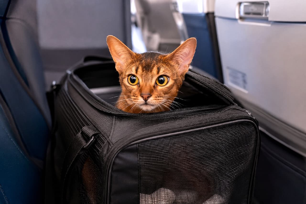 「「ボク、おとなしく乗ってるにゃ!」💼 まん丸なお目目で見つめられたら、フライト中ずっと撫でてあげたくなっちゃいますね🥺🛫 #アビシニアン #ペットキャリー #飛行機」An ultra-realistic high-quality photograph of an Abyssinian cat poking its head straight out of the top zipper of a black soft pet carrier on an airplane seat. The cat, with its signature ruddy ticked tabby coat and wide, round gold eyes, stares directly into the camera with a slightly nervous look. The airplane cabin details are blurred in the background. 飛行機の機内通路側の座席で、黒いソフトキャリーバッグの上部ファスナーからひょっこりと顔を出しているアビシニアン。特徴的なティックドタビーの赤茶色の被毛と、まん丸に見開かれた大きなゴールドの瞳で、カメラのレンズを真っ直ぐに、少し緊張した面持ちで見つめています。機内の座席や通路のディテールが背景に柔らかくぼけています