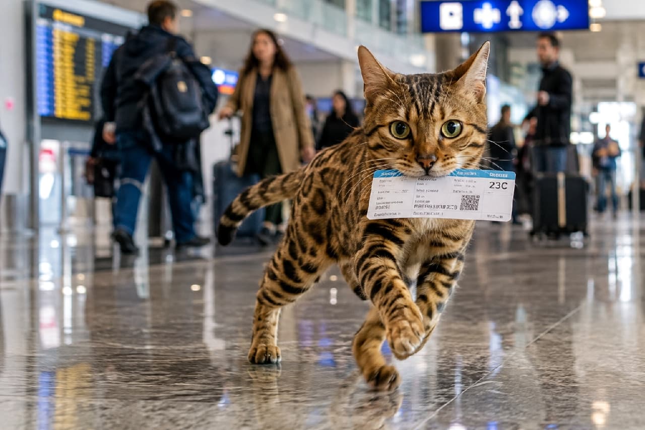 「急げ〜!飛行機に乗り遅れちゃうにゃー!🎫💦 躍動感たっぷりのベンガルちゃん、無事に間に合うかな?🐆✈️ #ベンガル猫 #空港 #ダッシュ」An ultra-realistic high-quality photograph of a Bengal cat running frantically through an airport terminal. The cat, with stunning leopard rosette patterns and wide emerald-green eyes, holds a boarding pass firmly in its mouth. The highly polished floor reflects the cat, while the blurred background of blue departure boards and travelers perfectly captures a sense of urgent speed. 空港の出発ロビーを猛ダッシュで駆け抜ける、美しいロゼット(ヒョウ柄)模様を持つベンガル猫。丸く見開いたエメラルドグリーンの瞳で真っ直ぐ前を見据え、口には搭乗券をしっかりとくわえています。大理石調のピカピカに磨かれた床には猫の姿が反射し、背景の青い電光掲示板や旅行者たちの姿がスピード感を強調するようにぼやけています