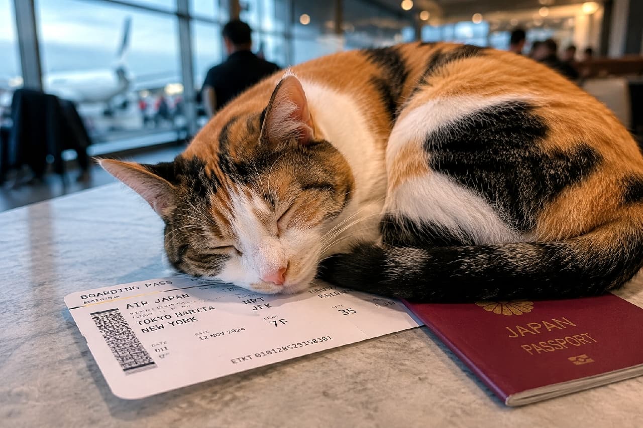 「旅の前の特権、ラウンジでのんびりお昼寝タイム…💤✈️ 大事なパスポートはボクが守ってるにゃ🐾 #三毛猫 #空港ラウンジ #海外旅行」An ultra-realistic high-quality photograph of a calico cat sleeping peacefully on a table in an airport lounge. The cat is using a boarding pass (Narita to New York) and a red Japanese passport as a pillow. Its soft white, brown, and black fur is beautifully illuminated by natural light from the large window, through which a blurred airplane is visible in the background. 空港ラウンジのテーブルの上で、パスポートと搭乗券を枕にしてスヤスヤと眠る三毛猫。白、茶、黒のコントラストが美しい柔らかな被毛が、大きな窓から差し込む自然光に優しく照らされています。手前には「AIR JAPAN」と印字された成田発ニューヨーク行きのチケットと赤い日本のパスポートがあり、背景の窓越しには駐機している飛行機の機体がぼんやりと見えます