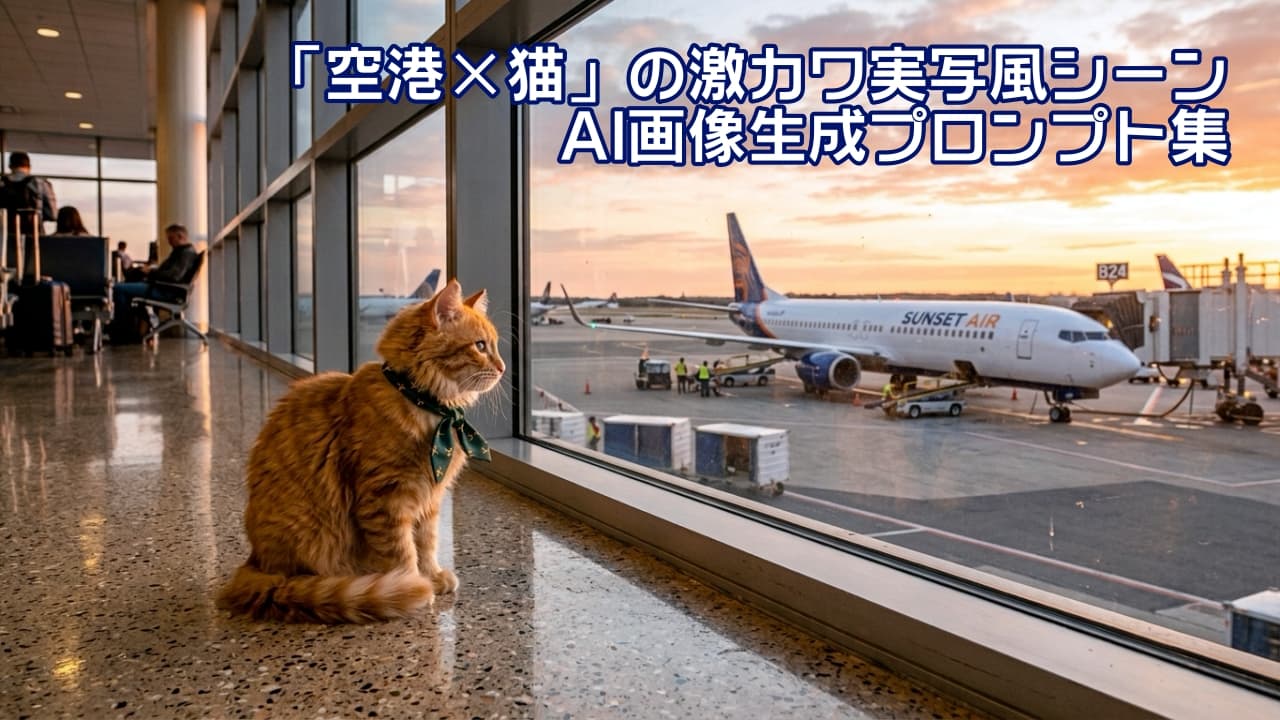 「夕暮れの空港で出発を待つ小さな旅人✈️🌅 次のフライトはどこへ向かうのかな？一緒に飛んでいきたいにゃ🐾 #茶トラ #夕日 #空港 #旅する猫」A highly realistic, cinematic high-quality photograph of a fluffy orange tabby cat wearing a tiny green aviator scarf, sitting on a shiny airport terminal floor. The cat looks out a massive glass window at a passenger jet preparing for takeoff, with beautiful golden hour sunlight casting long shadows and reflections on the ground. 超リアルな高画質写真。夕暮れの空港ターミナルで、グリーンの小さなスカーフを巻いた長毛の茶トラ猫がピカピカに磨かれた床にお座りをし、大きなガラス窓の外を横顔で見つめている。窓の外には「SUNSET AIR」の旅客機が駐機しており、美しいゴールデンアワーのオレンジ色の光が、床に猫の長い影と反射を描き出している