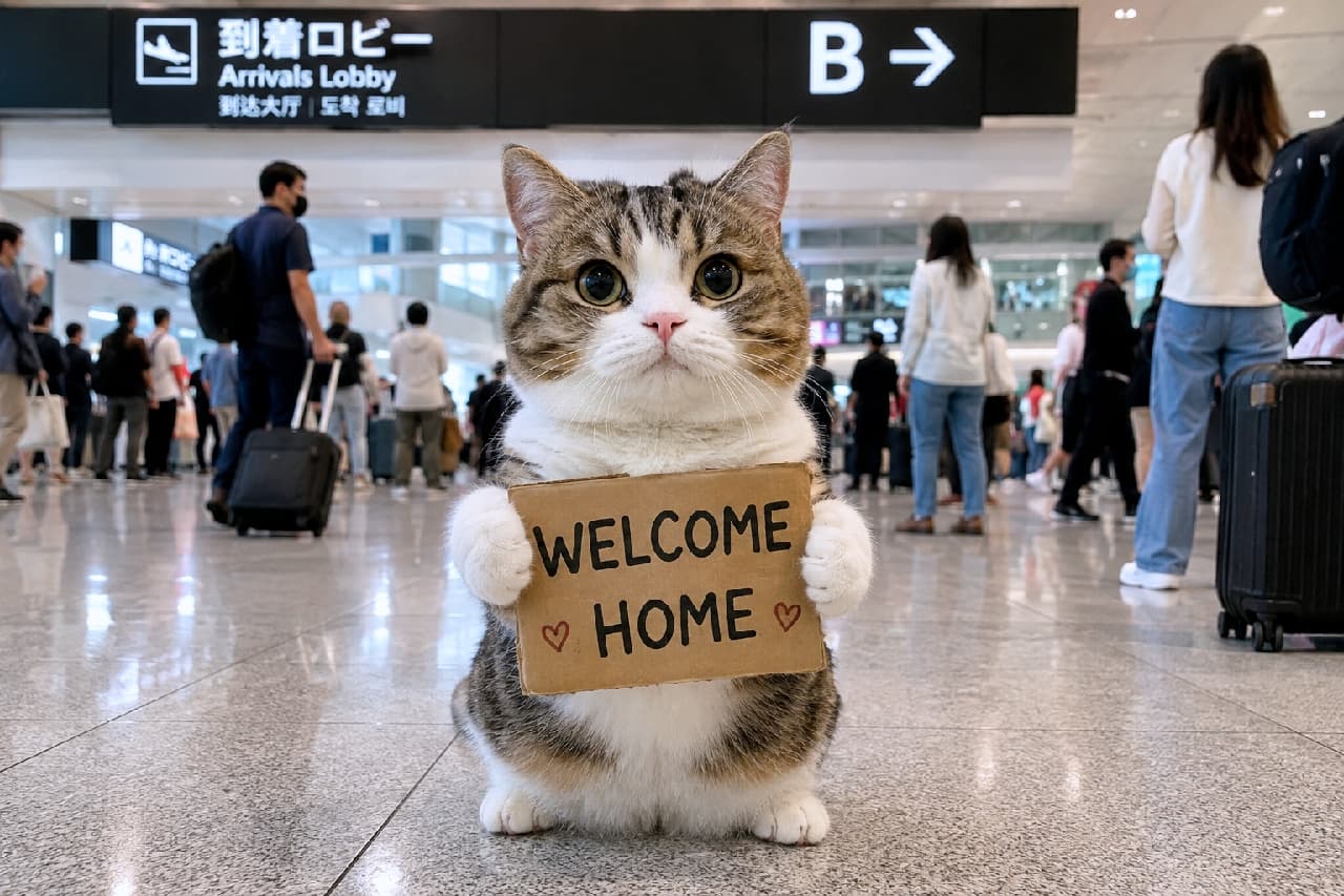 「「おかえりなさいにゃ!」🐾 こんな可愛いお出迎えがあったら、長旅の疲れも一瞬で吹き飛んじゃいますね✈️💖 #マンチカン #到着ロビー #空港」An ultra-realistic high-quality photograph of an adorable brown tabby and white Munchkin cat sitting on the polished floor of an airport arrivals lobby. The cat has large, round eyes and is holding a cardboard "WELCOME HOME" sign with its front paws. Blurred travelers and airport signs in the background create a heartwarming welcoming scene. 到着ロビーのピカピカの床にちょこんと座る、丸顔で短い足が愛らしいキジ白のマンチカン。大きくてくりくりの瞳でこちらを見つめ、前足で「WELCOME HOME」と書かれたハートマーク入りのダンボールを大切そうに掲げています。背景には行き交う旅行客や「到着ロビー」の案内板がぼんやりと映り、心温まるお出迎えの情景を演出