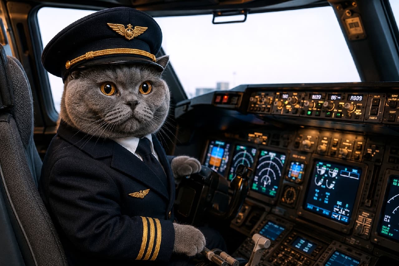 「キャプテン猫、準備完了!🐾✈️ 「ボクが責任を持って空の旅へ案内するにゃ!」 #パイロット猫 #コックピット #ブリティッシュショートヘア #かっこいい #安心」An ultra-realistic, high-quality photograph of a grey British Shorthair cat wearing a pilot's uniform (navy jacket with gold stripes, wing pin, tie, and a pilot's cap) sitting in the captain's seat of an aircraft cockpit. The cat has a serious expression and looks ahead. Its grey front paw is resting on the central control yoke among the array of illuminated flight instruments and monitors. 超リアルな高画質写真。航空機のコックピット内。ネイビーのパイロット制服(ゴールドの階級章、ウィングピン、ネクタイ付き)とパイロット帽を着用したグレーのブリティッシュショートヘアが機長席に座り、真剣な表情で前方を見つめている。猫のグレーの前脚は、複雑な計器類やモニターが光るコントロールパネルの中央の操縦桿を握っている