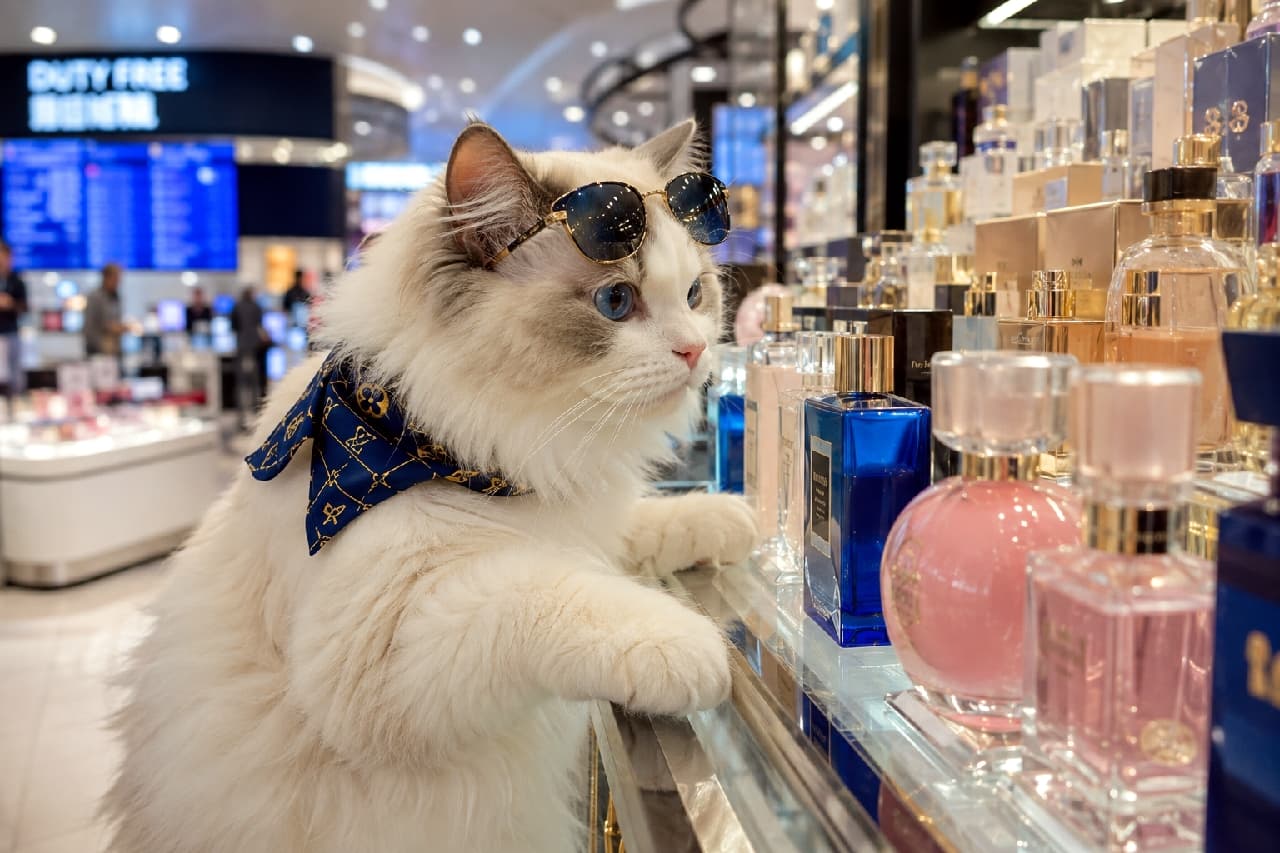「「次の旅先には、どの香りを連れて行こうかにゃ?」💎✨ 免税店でお買い物中のセレブ猫様を発見!🕶️🛍️ #ラグドール #免税店 #セレブ猫」An ultra-realistic high-quality photograph of a glamorous long-haired Ragdoll cat shopping at an airport duty-free store. Styled like a celebrity, the cat wears aviator sunglasses on its head and a chic blue monogrammed scarf. It rests its fluffy white paws on the glass counter, gazing intently at colorful perfume bottles with its stunning sapphire-blue eyes amidst a brightly lit, luxurious background. 空港の免税店でショッピングを楽しむ、ゴージャスな長毛種のラグドール。頭にティアドロップ型のサングラスを乗せ、首元には青いブランド風のモノグラムスカーフを巻いたセレブスタイル。ガラスのカウンターにふかふかの白い前足をかけ、美しいサファイアブルーの瞳で色とりどりの香水の瓶を真剣に見つめています。背景の煌びやかな照明がラグジュアリーな空間を演出