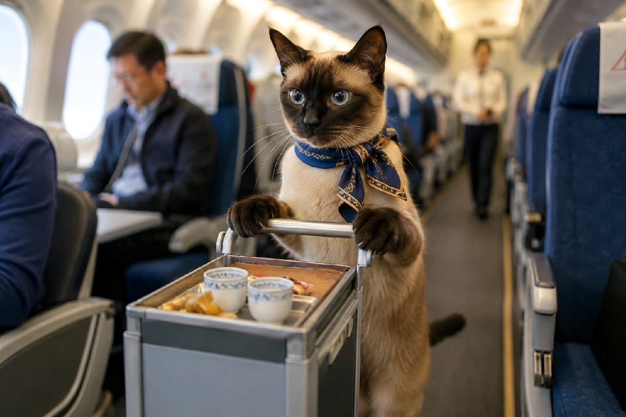 「機内でのお飲み物はいかがですか?☕️✈️ 美しすぎるシャム猫CAさんに、思わず見惚れちゃいますね😻 #猫CA #シャム猫 #空の旅」An ultra-realistic high-quality photograph of a Siamese cat working as a flight attendant in an airplane aisle. The cat, featuring striking sapphire-blue eyes and dark seal point coloration, wears a chic blue patterned scarf and earnestly pushes a serving cart loaded with cups and snacks. The background shows blurred passengers, with soft cabin lighting highlighting the cat's smooth coat. 飛行機の機内通路で、美しいサファイアブルーの瞳と顔や手足のシールポイント(焦げ茶色)が特徴のシャム猫が客室乗務員として働く様子。首に上品な柄の青いスカーフを巻き、前足でドリンクとお菓子が乗った機内食カートを真剣に押しています。背景には乗客や同僚の姿が適度にぼやけて映り込み、機内の柔らかな照明が猫の滑らかな短毛を照らしています