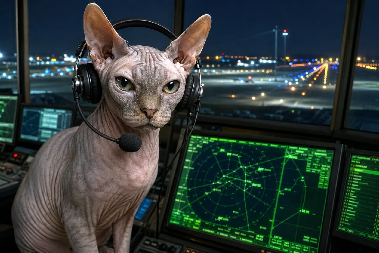 「「こちら管制塔。クリアド・フォー・テイクオフにゃ」✈️🌙 夜の空の安全は、ボクの鋭い眼差しにお任せあれ!😎 #スフィンクス #管制官 #夜の空港 #働く猫 #空港」An ultra-realistic high-quality photograph of a majestic Sphynx cat working as an air traffic controller in a nighttime tower. Wearing a headset, the hairless cat exhibits fine skin wrinkles and sharp, intelligent green eyes. Glowing green radar screens illuminate the foreground, while the background reveals a beautifully lit runway and taxiway lights through the large windows. 夜の空港の管制塔内で、ヘッドセットを装着した威厳ある無毛猫のスフィンクス。グレーがかった肌の細かなシワと、鋭く知的なグリーンの瞳が印象的です。目の前には複雑な緑色のレーダー画面が光り、窓の外には美しくライトアップされた夜の滑走路と誘導灯が広がる、映画のワンシーンのようなドラマチックな情景