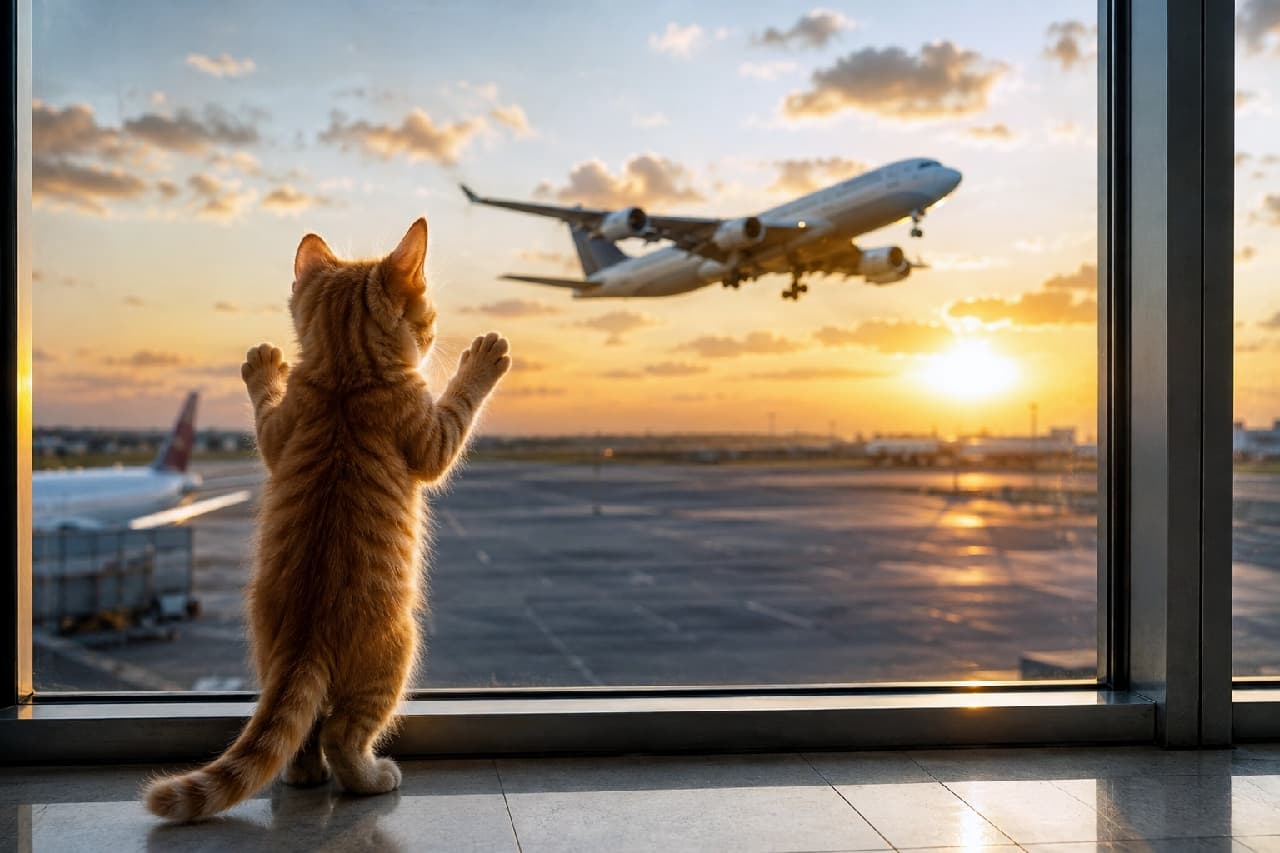 「夕暮れの滑走路に夢を乗せて✨✈️ 「ボクもいつか空を飛びたいにゃ!」 #茶トラ猫 #空港の窓 #夢見る猫 #夕日 #旅立ち」An ultra-realistic, high-quality photograph of an orange tabby cat standing on its hind legs at an airport terminal window, facing away from the camera. The cat has both front paws pressed against the glass, looking up at the view. Outside, a stunning sunset paints the sky, and a large passenger airplane is captured mid-air, taking off. The cat's shadow and window light are cast on the tiled floor. 超リアルな高画質写真。空港のターミナル窓辺。明るいオレンジ色の茶トラ猫が後ろ向きに立ち、両前脚をガラス窓に付けて外の景色を見上げている。窓の外は美しい夕暮れで、燃えるような夕日と雲を背に、大きな旅客機が離陸しようと空へ向かっている。床のタイルには猫の影と窓枠からの光が落ちている
