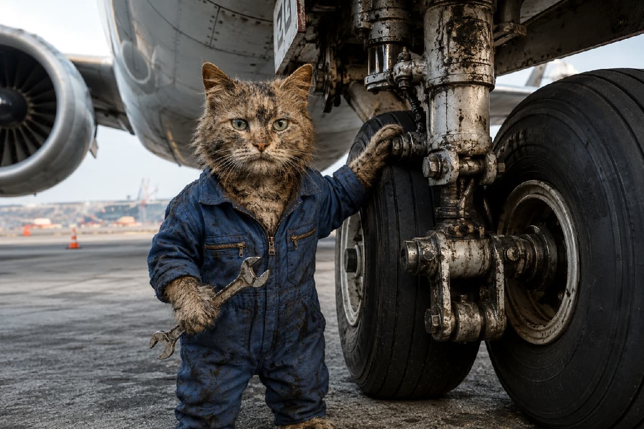 「「このボルトの緩み、ボクのヒゲは見逃さないにゃ!」🔧✈️ 油まみれのツナギ姿がカッコよすぎる、空の職人に敬礼!🫡 #キジトラ #航空整備士 #職人魂 #裏方のヒーロー #働く猫 #空港」An ultra-realistic high-quality photograph of a tabby cat working as an aircraft mechanic, standing next to the massive landing gear of a commercial jet. Wearing blue coveralls, the cat's face and fur are smudged with oil and grease. It firmly grips a large silver wrench in its right paw, showing a serious, proud artisan's expression. A huge engine and part of the fuselage form a spectacular background. 駐機場で航空機の巨大な車輪(ランディングギア)の傍らに立つ、キジトラ模様の猫の整備士。青い作業用ツナギを着ており、顔や被毛、服は油と泥で黒く汚れ、過酷な現場を物語っています。右手で大きな銀色のレンチをしっかりと握り、真剣で誇り高い職人の顔つきをしています。背景には巨大なエンジンと機体の一部が迫力満点にそびえ立っています