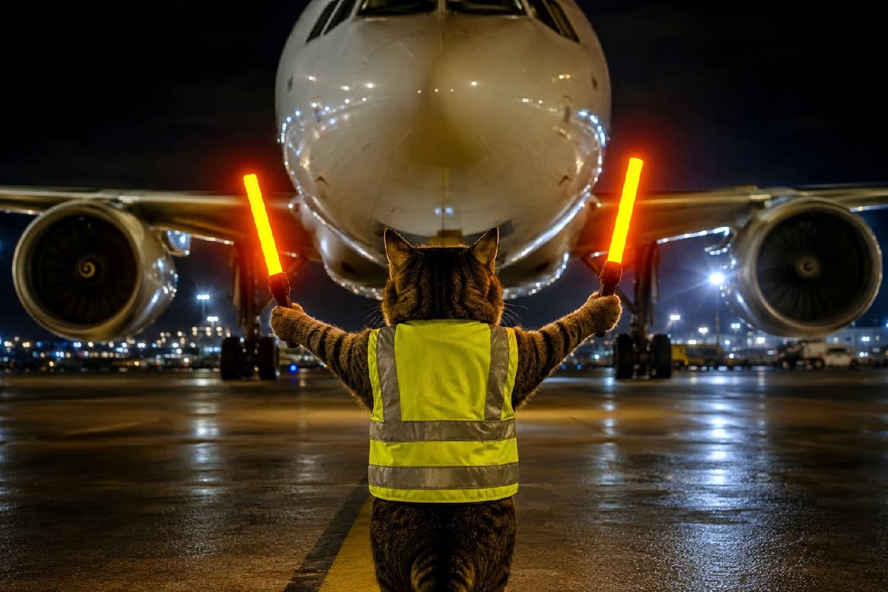 「「オーライ、オーライにゃ!」🔦✈️ 夜の滑走路で巨大な飛行機を導く、頼もしい小さな背中。お仕事お疲れ様です!🐈⬛✨ #働く猫 #マーシャラー #かっこいい」An ultra-realistic high-quality photograph of a tabby cat working as an aircraft marshaller on a nighttime runway, viewed from behind. Wearing a bright yellow reflective safety vest, the cat holds two glowing orange wands high, confidently guiding a massive airplane approaching from the front. The glaring headlights of the aircraft and reflections on the wet tarmac create a dramatic, cinematic atmosphere with a sense of massive scale. 夜の空港の滑走路で、黄色の反射ベスト(安全チョッキ)を着たキジトラ猫が航空機を誘導する(マーシャリング)頼もしい後ろ姿。両前足でオレンジ色に光る誘導棒をピンと高く掲げ、正面から迫る巨大な飛行機に的確な合図を送っています。機体の強烈なヘッドライトと、滑走路の濡れた地面に反射するドラマチックな光が、映画のような緊張感と圧倒的なスケール感を生み出しています