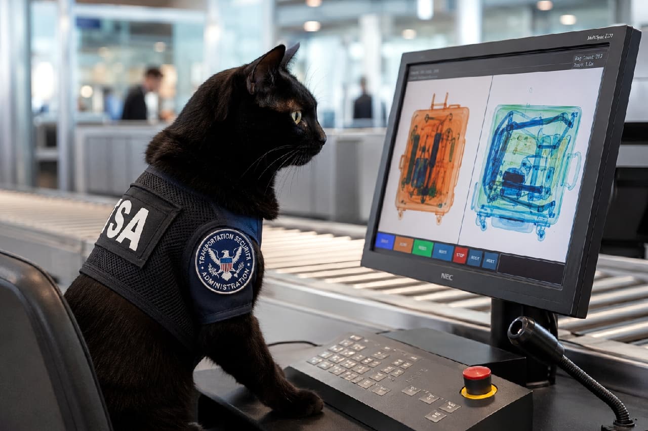 「TSAのエージェント猫、手荷物検査中🐈⬛🔍 「怪しいものはボクが許さにゃい!」 #TSA猫 #空港 #黒猫 #防犯 #真剣」An ultra-realistic, high-quality photograph of a dignified black cat working as a TSA agent at an airport security checkpoint. The cat wears a navy tactical vest with the 'TSA' logo and watches an X-ray screen intently. The monitor displays colorful transparent images of two pieces of luggage (one orange, one green). The cat's front paw is near a red button on the control keyboard. Background elements include a conveyor belt and blurred travelers. 超リアルな高画質写真。空港のセキュリティチェックポイントで、凛とした表情の黒猫が「TSA」ロゴ入りのネイビーのタクティカルベストを着用し、X線検査のモニター画面を真剣に見つめている。モニターにはオレンジと緑に色分けされた2つの手荷物の透過画像が表示され、猫の前脚は操作キーボードの赤いボタンの近くにある。背景にはコンベアベルトやぼやけた旅行者が見える