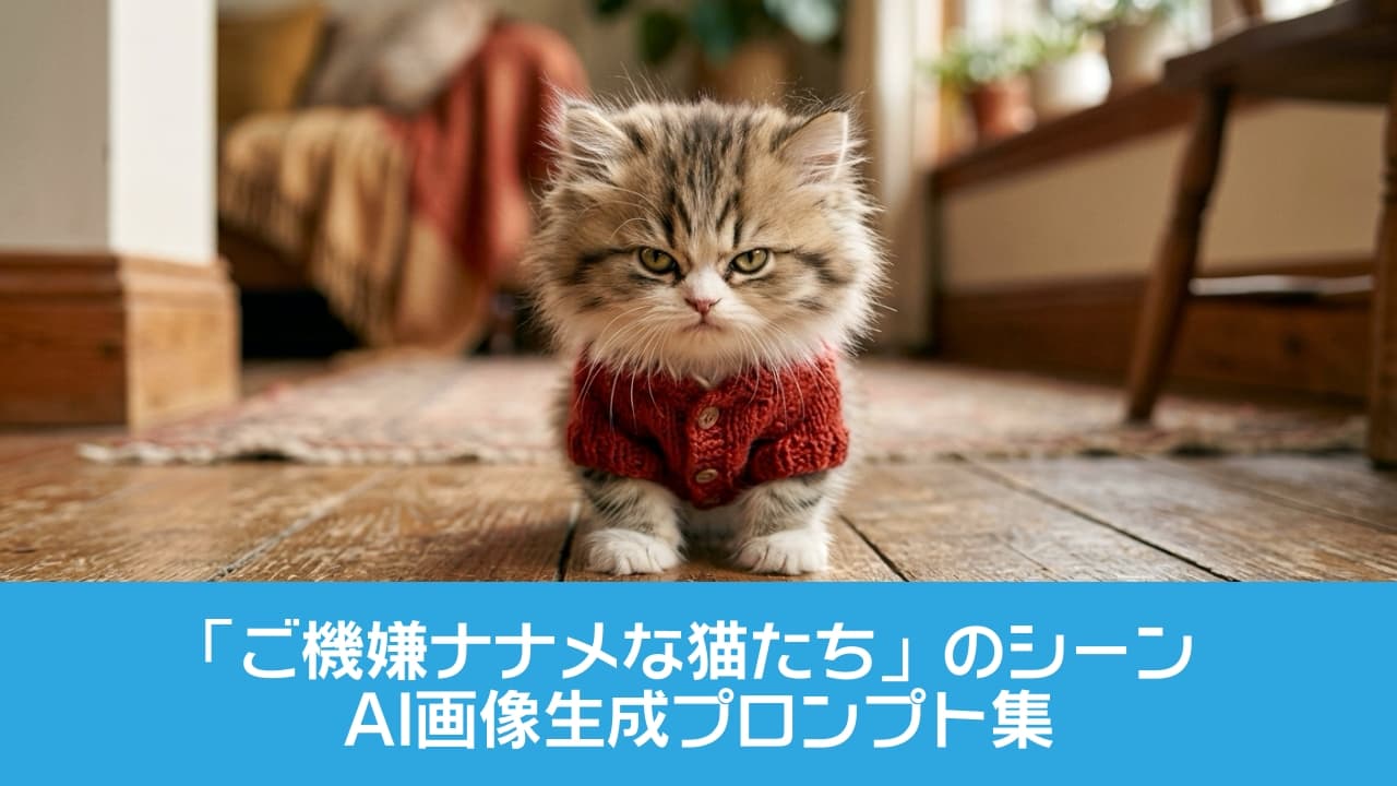 「「何見てんだニャ？😾😤」赤いニットを着こなす、小さな激おこボスの登場！怒顔も愛おしい一瞬。✨ #不機嫌猫 #赤いセーター #猫ボス」Ultra-realistic high-quality photograph of a fluffy brown tabby Persian-type kitten with a very grumpy, flattened face, wearing a tiny red knitted sweater, standing directly on an antique wooden plank floor. Soft natural light illuminates its soft fur. The kitten is glaring angrily directly at the camera. The background is a soft, blurred, warm living room (sofa, plants, window) with a shallow depth of field. A high-resolution, photorealistic portrait with cinematic lighting. 古びた味わいのある木製のフローリングの上に、小さな赤いニットのセーターを着用した、ふわふわなキジトラ模様の扁平顔（ペルシャ系）の子猫が直立して座り、カメラを真っ直ぐ睨みつける。柔らかい自然光が子猫の柔らかい被毛を優しく照らし、その不機嫌な表情と赤いニットのギャップを際立たせる。背景は被写界深度が浅く、ぼやけた温かみのあるリビングルームの風景（ソファ、植物、窓）が広がる。高解像度で写実的な、シネマティックなライティングのポートレート写真