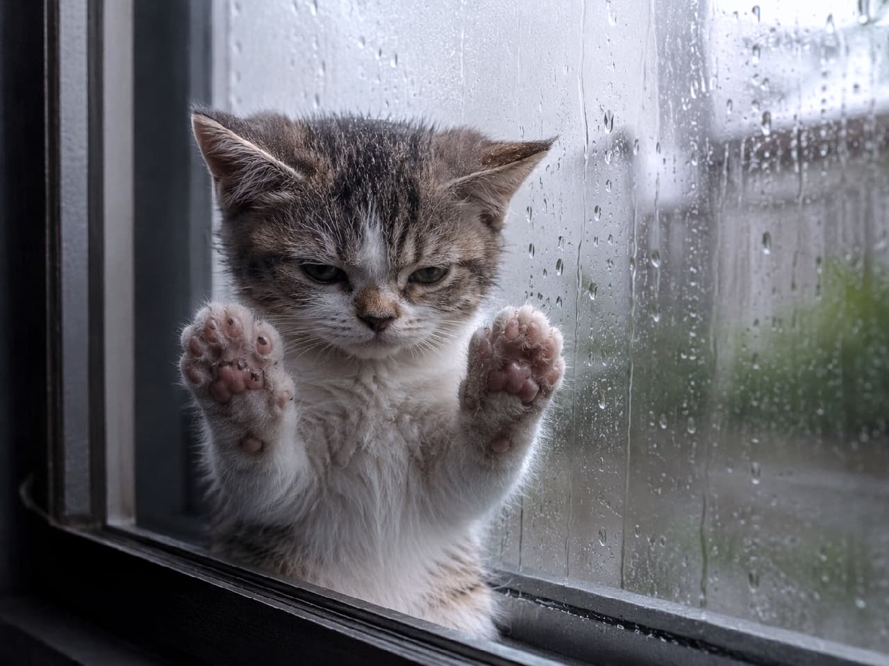 「「早く晴れにするニャ！！😾☔」両手をピタッとくっつけて、雨への怒りを全面にアピール中🐾⚡ #キジ白 #雨の日 #猫の気持ち #猫のいる風景 #おこ顔」Ultra-realistic high-quality photograph of a grumpy bicolor tabby kitten standing up and pressing both paws flat against a rain-covered window, glaring directly through the glass with an intense expression, featuring visible pink toe beans against a moody green rainy background. 雨粒だらけの窓ガラスに両手をついて立ち上がり、ガラス越しに強烈な不機嫌顔で見つめてくるキジ白のハチワレ風子猫。鮮明に見えるピンクの肉球と、濡れたような被毛の質感が、薄暗い自然光と背景の緑豊かな雨景色に溶け込んでいます