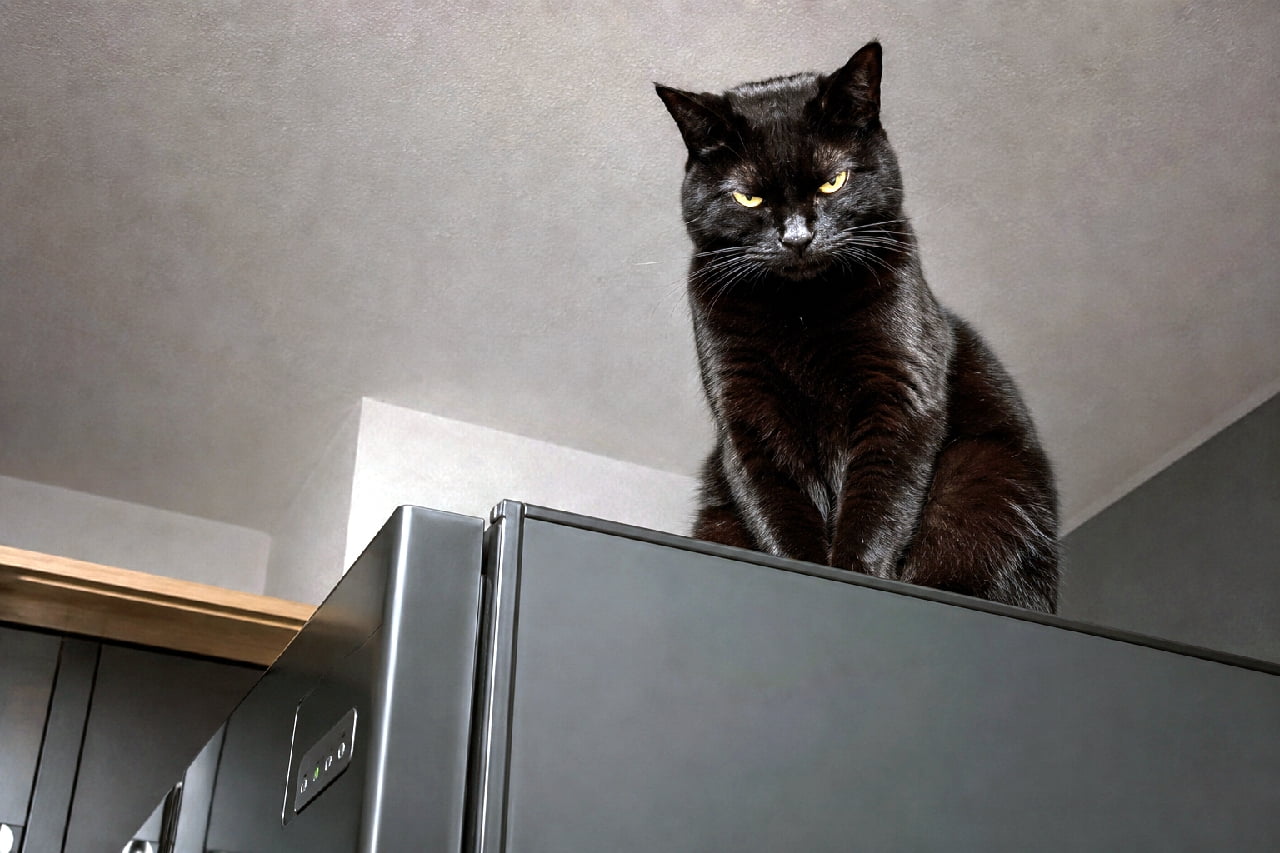 「「下々の者よ、ご飯の時間だニャ…🐈‍⬛👁️」暗闇から見下ろす威厳たっぷりの黒猫様にひれ伏したい！✨ #黒猫 #暗闇の支配者 #猫のいる暮らし #おこ顔」Ultra-realistic high-quality photograph of a grumpy black cat sitting atop a sleek black refrigerator in a dim, modern kitchen, glaring down with intense yellow-gold eyes under dramatic moody lighting. 落ち着いたシックなキッチンで、黒い冷蔵庫の天面に静かに座り、見下ろすように鋭いイエローゴールドの瞳でこちらを睨みつける不機嫌な黒猫。ツヤ感のある黒い被毛と影のある落ち着いたライティングが、ダークでミステリアスな雰囲気を演出