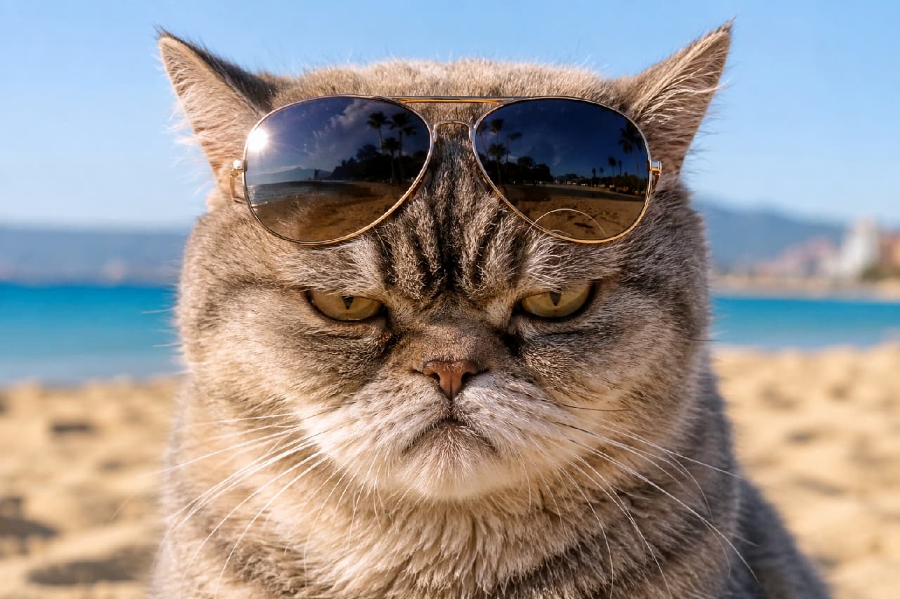 「「バカンスに来たのに暑すぎるニャ…🌴😎」リゾート感あふれる背景とブサカワな激おこ顔の不協和音が最高！🏖️ #バカンス猫 #猫のいる暮らし #おこ顔」Ultra-realistic high-quality portrait photograph of a grumpy Exotic-style cat at a sunny beach with aviator sunglasses resting on its head, reflecting palm trees and the blue ocean, creating a hilarious contrast with its annoyed expression. 眩しい太陽が照りつける砂浜を背景に、頭にゴールドフレームのアビエーターサングラスをのせ、ムスッとした表情で正面を見つめるショートヘアのエキゾチック風猫。サングラスのレンズには青い海とヤシの木が反射し、リゾート感と猫の不機嫌さのギャップが魅力的