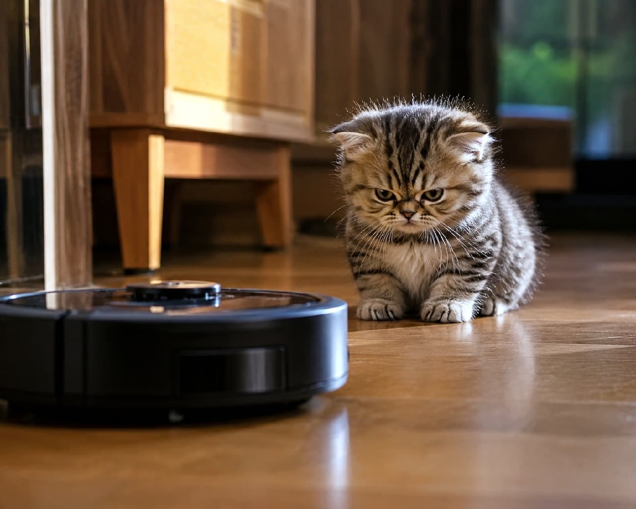 「「お前、勝手に動くなニャ…！😾🌪️」未知の敵（ロボット掃除機）との緊張感あふれるにらめっこ対決スタート！🥊 #猫と家電 #にらめっこ #おこ顔」Ultra-realistic high-quality photograph of a grumpy Exotic-style tabby kitten crouching on a hardwood floor, glaring suspiciously at a black robot vacuum cleaner, illuminated by dramatic cinematic sunlight hitting the wooden furniture. フローリングの床で、黒いロボット掃除機を目の前にして身を低くし、鋭い眼光で警戒するエキゾチックショートヘア風のキジトラ子猫。差し込む自然光が木製家具と床の美しい艶を照らし出し、緊張感のある対峙の瞬間をシネマティックに捉えています