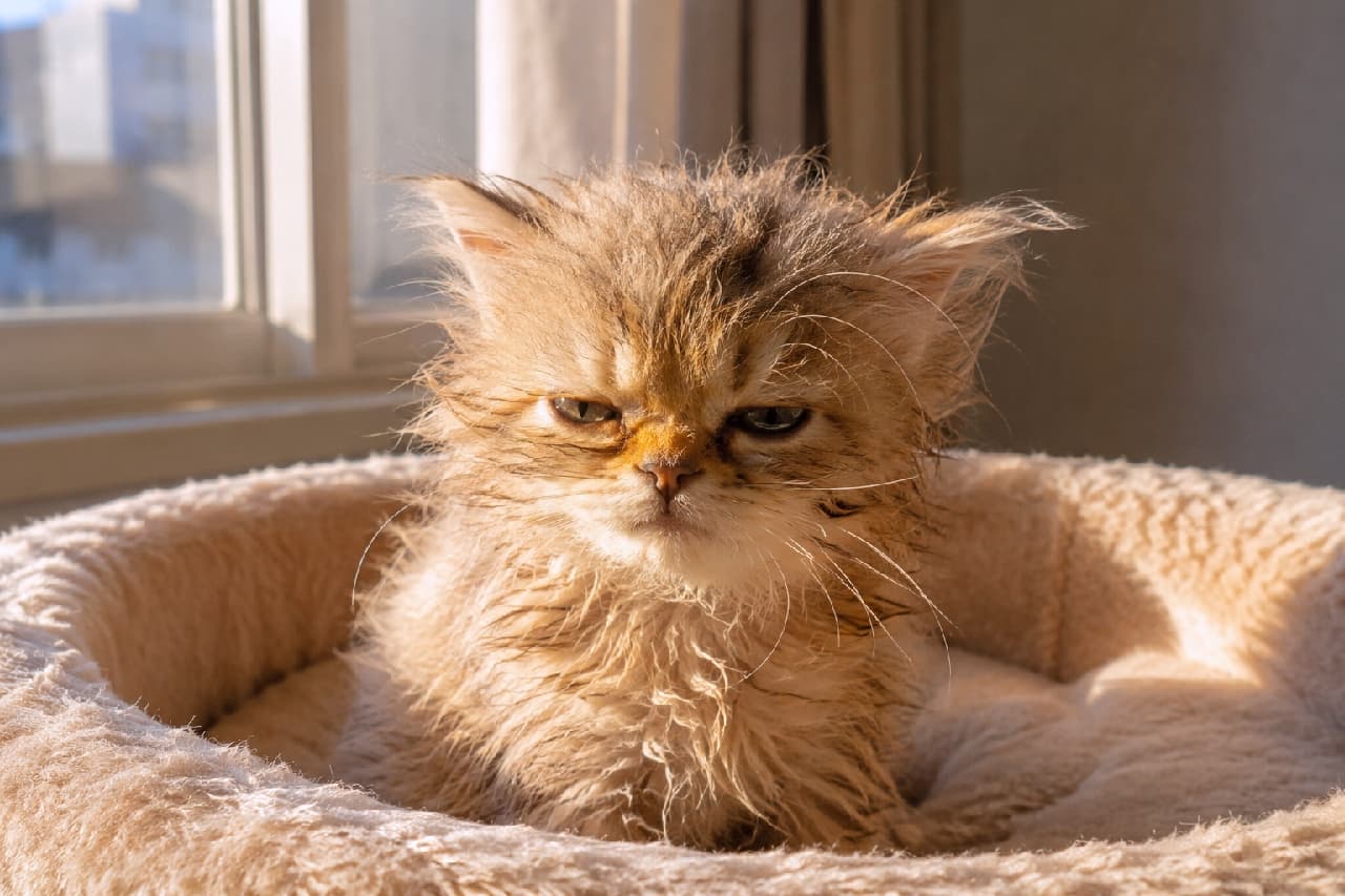 「「まだ眠いニャ…起こさないでニャ😿☀️」寝起きのボサボサ＆ムスッと顔も愛おしすぎる朝のひととき☕✨ #ねこのいる暮らし #寝起き猫 #おこ顔」Ultra-realistic high-quality photograph of a grumpy fluffy orange Persian-style kitten with messy hair sitting in a fuzzy pet bed by a sunny window, its golden fur beautifully backlit by warm natural light. 暖かい日差しが差し込む窓辺のふわふわな猫用ベッドで、寝起きのようにボサボサに逆立った被毛のペルシャ風長毛茶トラ子猫。半目で不機嫌そうに一点を見つめる表情が、柔らかな逆光によって黄金色に輝く被毛のディテールと共に美しく描写されています