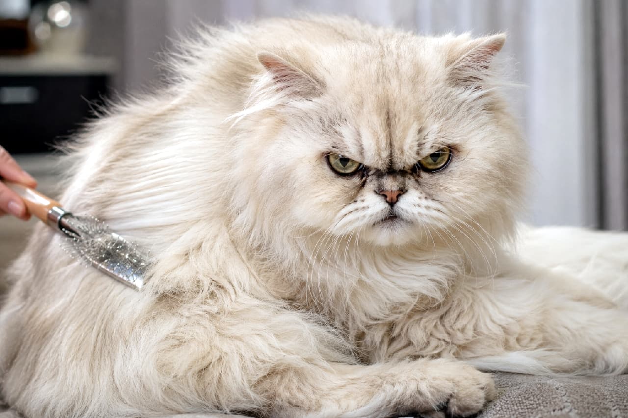 「「ブラッシング、まだやめニャいで！！😾💥」お手入れを中断したら激おこフェイスのモフモフちゃんに思わず笑っちゃいます😂 #ペルシャ猫 #猫のいる暮らし #おこ顔」Ultra-realistic high-quality photograph of a grumpy fluffy cream-colored Persian cat being brushed with a slicker brush by a human hand, glaring fiercely at the camera with intense eyes and highly detailed textured fur under bright indoor lighting. 人間の手によってスリッカーブラシでブラッシングされ、極限まで不機嫌な表情でカメラを睨みつける長毛のクリーム色ペルシャ猫。平らな顔立ちと鋭い黄緑色の目つき、フワフワに逆立った被毛のディテールが、明るい室内の光の中で克明に描写されています
