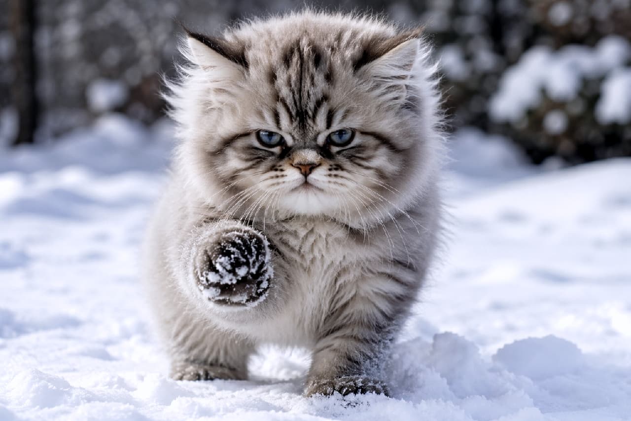 「「肉球が冷たすぎるニャ！どうにかするニャ！！😾❄️」雪まみれのおててを突き出して激おこな姿が最高にチャーミング💕 #肉球 #激おこ」Ultra-realistic high-quality photograph of a grumpy fluffy silver tabby kitten standing in a snowfield, holding up a snow-covered paw towards the camera with a protesting glare in its blueish eyes, highlighted by crisp winter sunlight and a bokeh background. 真っ白な雪原で、雪の塊がくっついた右前足をカメラに向かって突き出し、青みがかった瞳で激しく抗議するような不機嫌顔の長毛シルバータビー子猫。きめ細やかな被毛に当たる冬の鋭い日差しと、背景の美しい玉ボケが神秘的な雰囲気を放っています