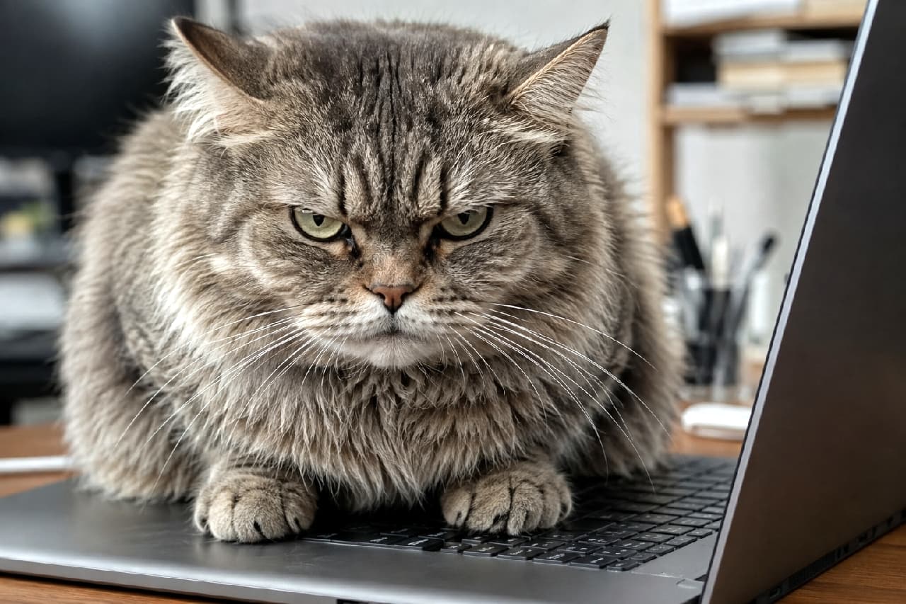「「仕事なんてやめて私を撫でるニャ💻😾」テレワーク最大の癒やしにして最強の妨害工作員、見参！🐾 #テレワーク #猫のいる仕事場 #おこ顔」Ultra-realistic high-quality photograph of a grumpy fluffy tabby cat heavily sitting on a laptop keyboard, actively blocking work with a defiant glare from its light green eyes, set in a bright office environment. デスク上のノートパソコンのキーボードの上にどっしりと香箱座りをして占拠し、作業を妨害しながら不機嫌そうに睨みつけてくる長毛のキジトラ猫。オフィス風の背景の中、ふさふさの被毛と不満げなライトグリーンの瞳が鮮明に写し出されています