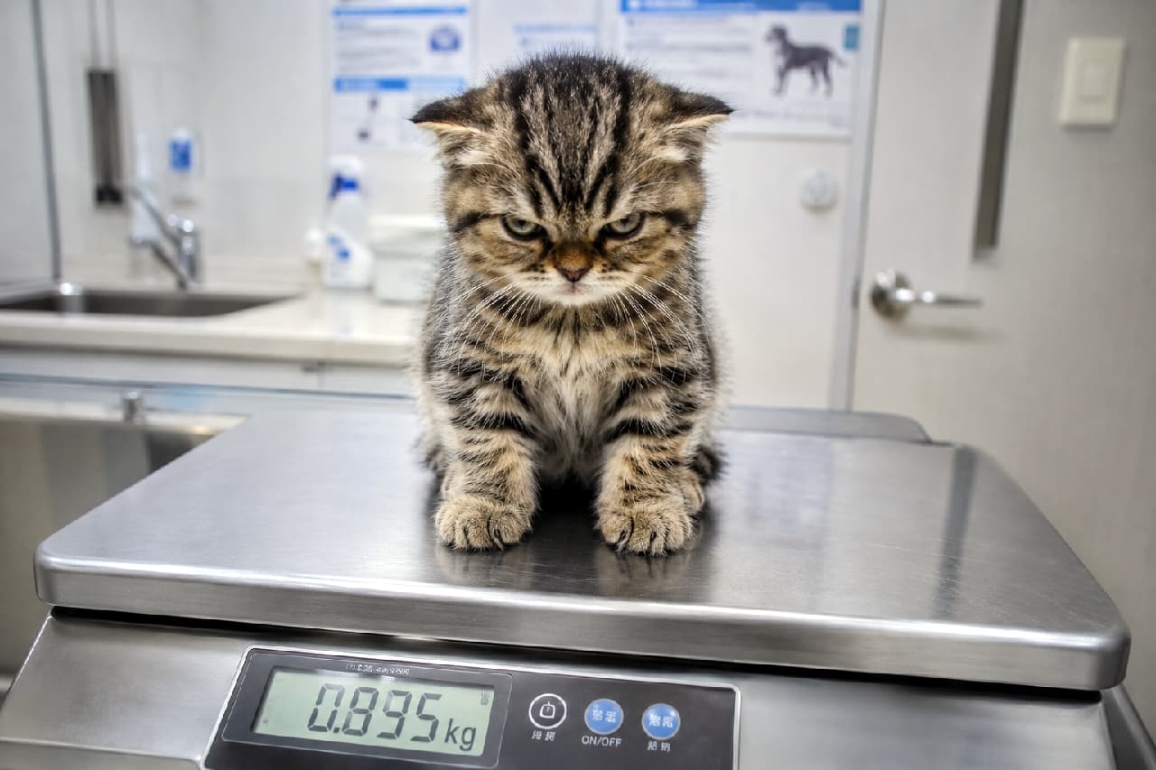 「「なんで体重なんて量るニャ…😾⚖️」病院でご機嫌ナナメな0.895kgのちいさな怒り顔がたまらない！💕 #動物病院 #イカ耳 #おこ顔」Ultra-realistic high-quality photograph of a grumpy Scottish Fold-style tabby kitten with flattened ears sitting on a stainless steel veterinary scale displaying 0.895kg, glaring at the camera against a clean, clinical background. 動物病院のステンレス製体重計（0.895kgと表示）の上にちょこんと座る、スコティッシュフォールド風のキジトラ子猫。耳をペタンと伏せた見事なイカ耳状態で、鋭い目つきでカメラを睨みつける不機嫌な表情が、清潔感のある無機質な背景と対照的に描かれています
