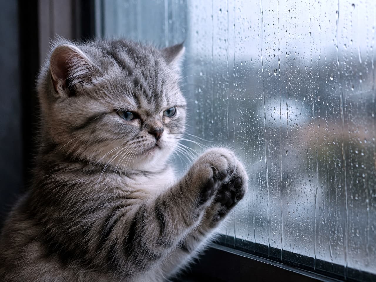 「「なんで雨降るニャ…😾🌧️」窓越しの景色を横目で睨む、ムスッと顔の横顔も美しすぎます！✨ #猫のいる風景 #おこ顔」Ultra-realistic high-quality photograph of a grumpy silver tabby kitten pressing its dark paws against a rainy window, glaring sideways with blue-gray eyes, framed by cinematic cool-toned lighting and a warm bokeh light in the background. 雨の滴る窓ガラスに暗い色の肉球を添え、外の景色を横目で鋭く睨みつけるブリティッシュショートヘア風のシルバータビー子猫。ブルーグレーの瞳と丸みのあるフォルムが、寒色系のシネマティックな光と背景の温かい玉ボケの中でドラマチックに際立っています