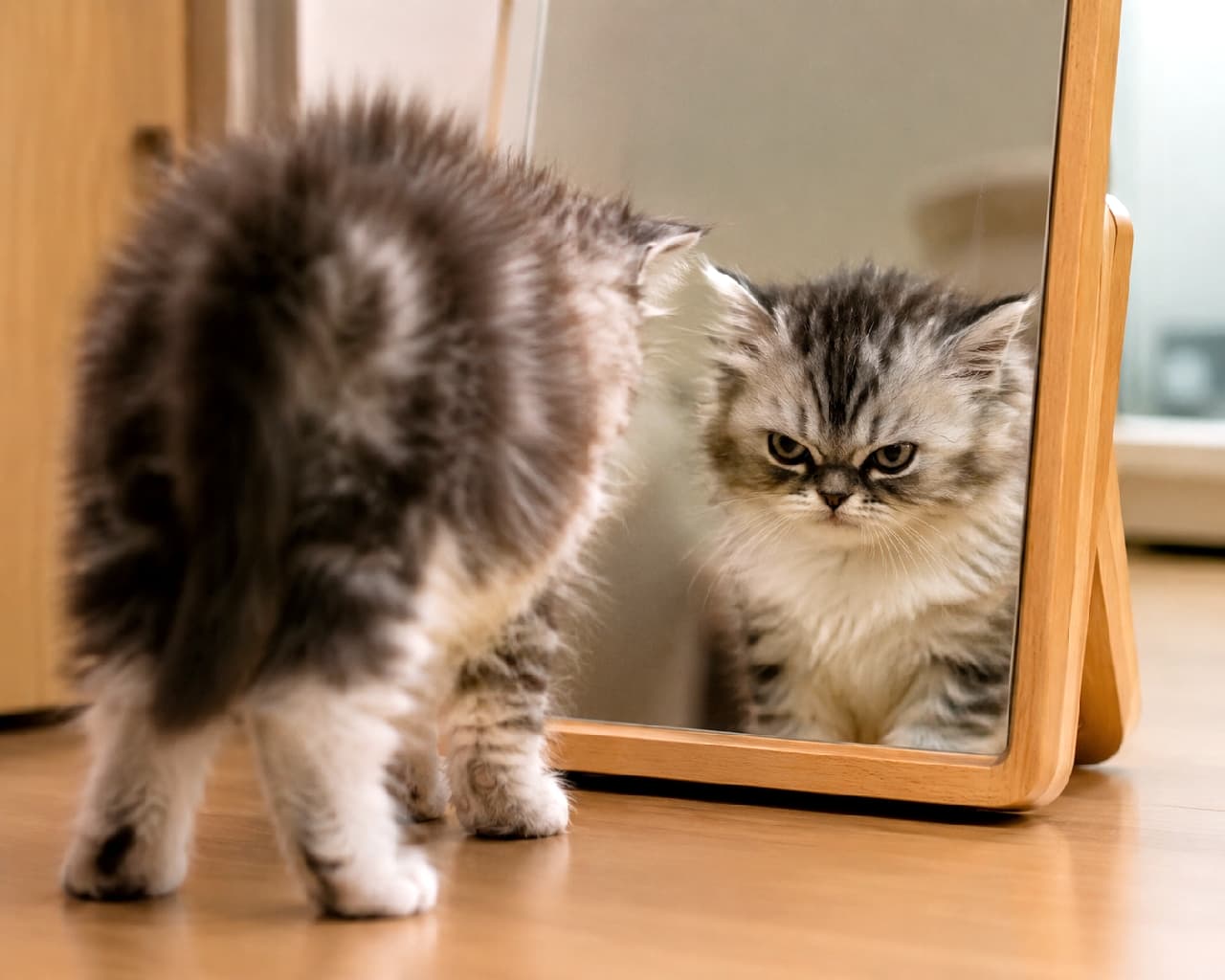 「「誰ニャお前！ここは私の縄張りニャ！😾🐾」鏡の中の自分にガチギレしちゃうおバカな可愛さにメロメロです💕 #鏡の世界 #威嚇 #にらめっこ #おこ顔」Ultra-realistic high-quality photograph of a grumpy fluffy silver tabby kitten standing in front of a wooden framed mirror, fiercely glaring at its own reflection, capturing both its soft back and intense angry face in bright indoor lighting. 木枠のスタンドミラーの前に立ち、鏡に映った自分の姿を別の猫だと勘違いして鋭く睨みつける長毛のシルバータビー子猫。ふんわりとした後ろ姿と、鏡の中のシリアスな怒り顔のコントラストが、明るい室内の光の中で鮮明に描き出されています