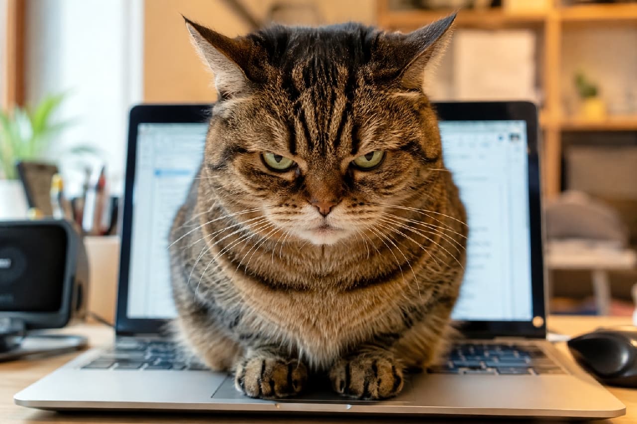「「画面じゃなくて私を見るニャ！！😾🔥」完璧なイカ耳でアピールする姿に、思わず作業の手も止まっちゃう！💦 #イカ耳 #かまってちゃん #テレワーク #猫のいる仕事場 #おこ顔」Ultra-realistic high-quality photograph of a grumpy tabby cat with flat airplane ears, sitting squarely on a silver laptop keyboard and glaring directly at the viewer, with the bright screen illuminating its distinct tabby patterns from behind. 開いたノートパソコンのキーボード上に陣取り、見事な「イカ耳」状態で真正面からカメラを激しく睨みつけるキジトラ猫。背景の明るいモニター画面が逆光効果を生み出し、猫の怒りに満ちた表情と美しいトラ柄を際立たせています