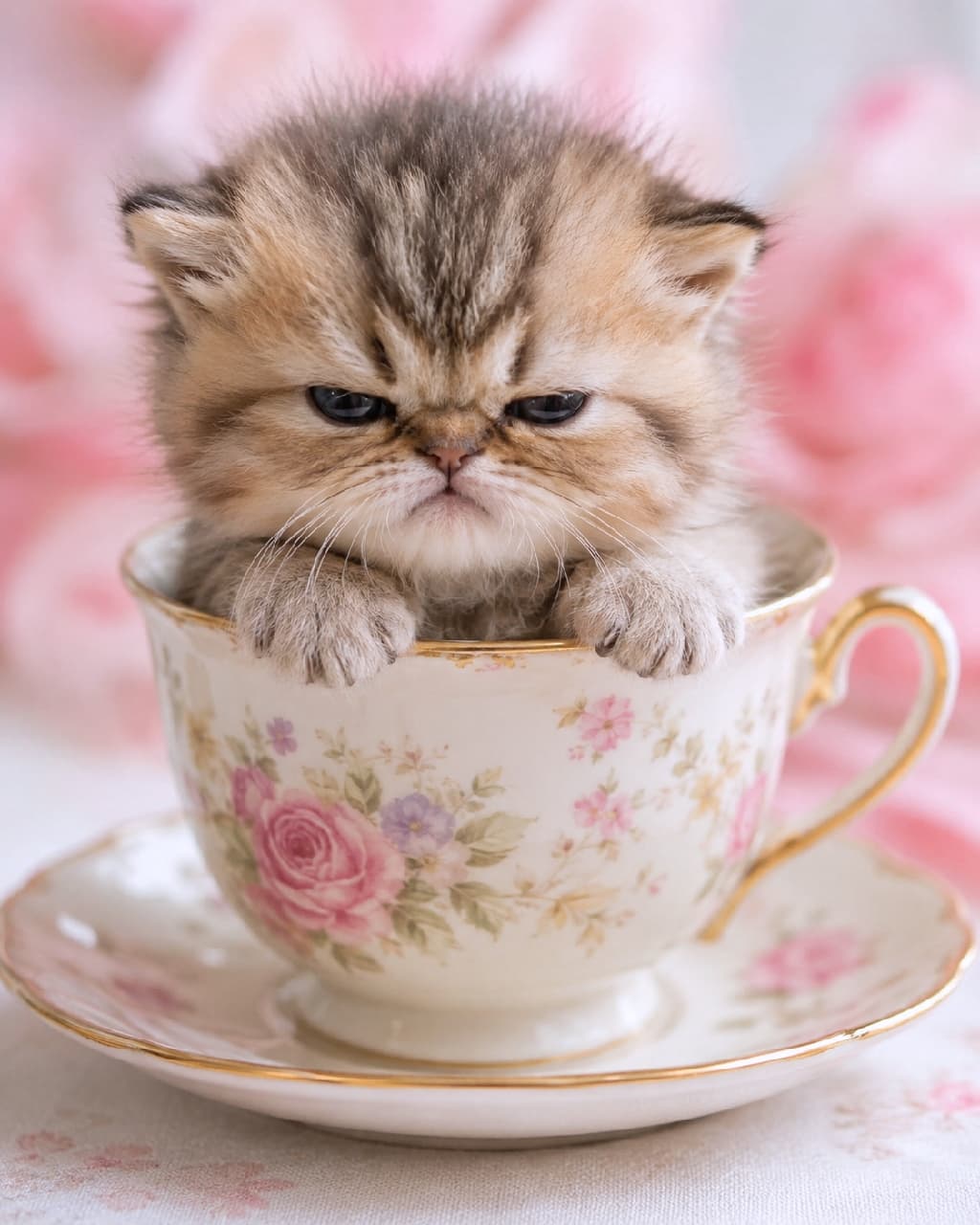 「「ティータイムにはまだ早いニャ☕💢」優雅なカップと激おこフェイスのアンバランスさが最高！🎀 #ティーカップキャット #ねこ部 #猫のいる風景 #おこ顔」Ultra-realistic high-quality photograph of a grumpy Exotic-style tabby kitten sitting inside an elegant floral teacup with tiny paws on the rim, surrounded by a soft, romantic pink floral background. エレガントな花柄のティーカップの中にすっぽりと入り込み、縁に小さな両前足を乗せてムスッとした表情を浮かべるエキゾチック系のキジトラ子猫。背景の柔らかなピンク色の花ボケが、ロマンチックで甘い雰囲気を演出