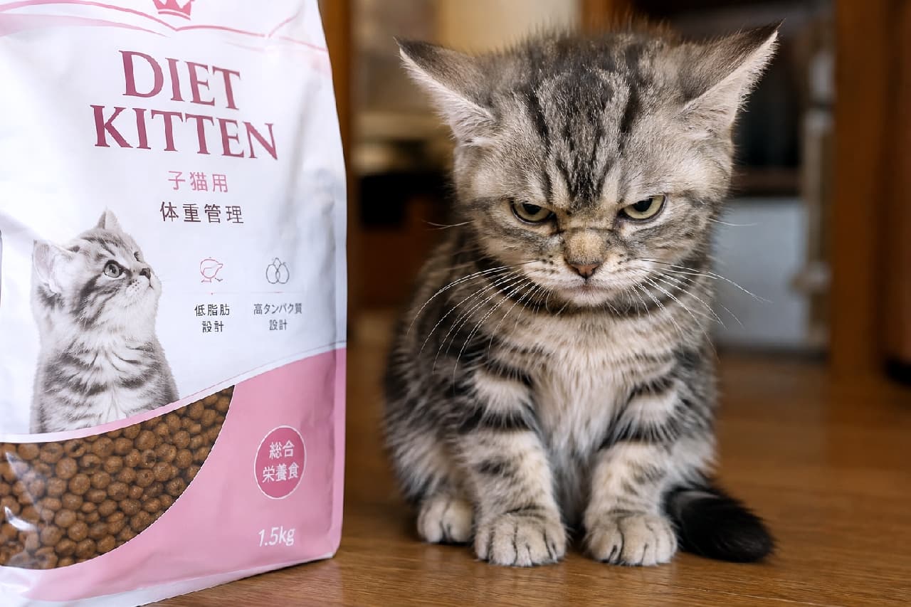 「「今日からダイエットなんて聞いてないニャ…😾💦」ご飯の袋の横で絶望を隠しきれないおこ顔がたまりません！🥗 #ダイエット猫 #猫のいる暮らし #おこ顔」Ultra-realistic high-quality photograph of a grumpy American Shorthair-style tabby kitten sitting next to a pink bag of diet cat food, looking down with a devastated and annoyed expression, set against a natural wooden floor background. 「DIET KITTEN」と書かれたピンクと白のキャットフードの袋の横にちょこんと座り込み、耳を伏せて絶望したような不機嫌顔でうつむくアメリカンショートヘア風のキジトラ子猫。フローリングの床と日常的な背景が、リアルな哀愁を引き立てています