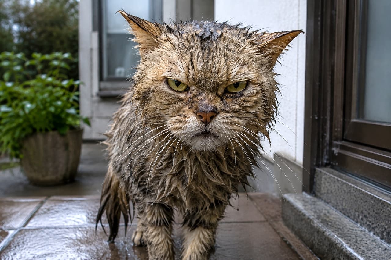 「「急な大雨、マジで許さないニャ…☔😾」びしょ濡れで帰宅したワイルドな激おこ姿に思わずタオルを献上したくなる！タオル用意！ #雨宿り #濡れ猫 #猫のいる暮らし #おこ顔」Ultra-realistic high-quality photograph of a grumpy, soaking wet fluffy mixed-breed cat standing on a wet tiled doorstep, featuring matted wet fur and a fierce glare with yellow-green eyes against a rainy porch background. 雨上がりの濡れたタイル敷きの玄関先で、全身の毛が水で束になりボサボサになりながら、鋭い黄緑色の目でカメラを睨みつける長毛ミックスの猫。しっとりと濡れたテラスの質感と、後ろの観葉植物の緑が、野性味あふれる猫のシリアスな表情を引き立てています
