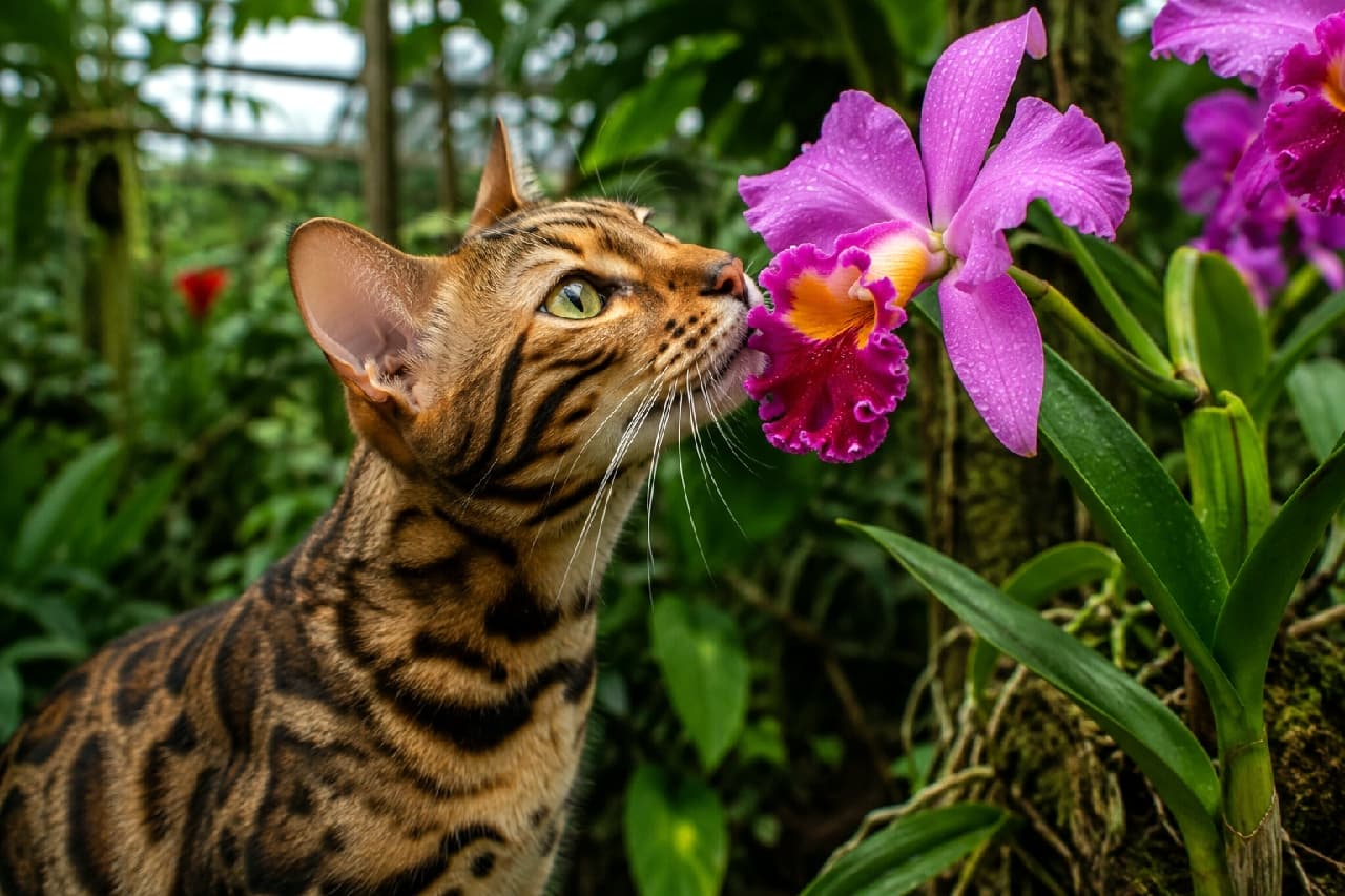 「南国のお花のあま〜い香りにうっとり🌺🌴 ワイルドなヒョウ柄のベンガルちゃんと、鮮やかな蘭の組み合わせが美しすぎます🐆💚 #ベンガル猫 #植物のある暮らし #猫のいる生活」Ultra-realistic high-quality photograph of a striking Bengal cat stretching its neck to gently sniff a vibrant pink and yellow orchid flower. Surrounded by lush, green tropical foliage, the natural light perfectly highlights the cat's wild rosette coat patterns and bright green eyes. 緑豊かな熱帯植物園のような背景の中、大輪で色鮮やかなピンクと黄色の蘭の花に首を伸ばしてそっと鼻を近づける美しいベンガル猫。野生的なロゼット模様(ヒョウ柄)の被毛と、澄んだエメラルドグリーンの瞳が、瑞々しい植物の緑と花の色彩に鮮烈に映える生命力あふれる光景
