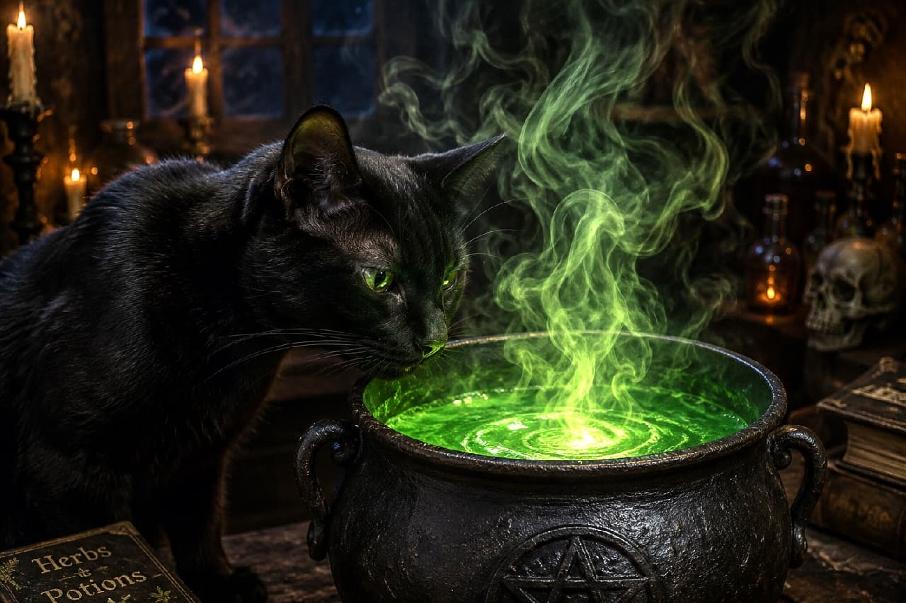 「秘密の魔法のクスリ、完成間近にゃ!🧪🧙♀️ 緑の煙に興味津々な黒猫ちゃんのお顔がミステリアスでかっこいい🐈⬛💚 #黒猫 #ハロウィンの夜 #猫のいる生活」Ultra-realistic high-quality photograph of a mysterious black cat sniffing glowing green smoke rising from an ancient iron cauldron in a dark, candlelit witch's room. The magical light reflects vividly in the cat's emerald green eyes and sleek black fur. ろうそくの火が揺らめく薄暗い魔法使いの部屋で、星のマークが刻まれた鉄釜から湧き出る緑色の煙に鼻を近づけるミステリアスな黒猫。エメラルドグリーンの鋭い瞳と艶やかな漆黒の被毛が、魔法の光に怪しく照らし出されるファンタジー感あふれる一枚