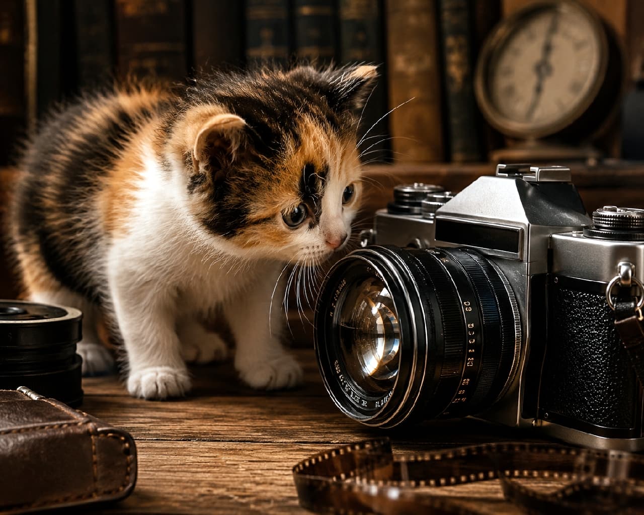 「古いカメラからどんな思い出の匂いがする?🕰️📸 レンズ越しの内緒話をしてるみたいな三毛猫ちゃん🎞️🤎 #三毛猫 #アンティーク #子猫のいる生活」Ultra-realistic high-quality photograph of a fluffy calico kitten leaning in to sniff the lens of a vintage silver and black SLR camera on a wooden desk. Cinematic warm lighting illuminates the kitten's curious round eyes and soft fur against a moody, nostalgic background of old books and a clock. 薄暗いアンティーク調の部屋で、木製のデスクに置かれたクラシックな銀と黒の一眼レフカメラのレンズに、三毛猫(キャリコ)の子猫が顔を寄せて匂いを嗅いでいる。背景には古い洋書や時計が並び、ノスタルジックで温かみのあるシネマティックな光が子猫の柔らかい毛並みと丸い瞳を照らす