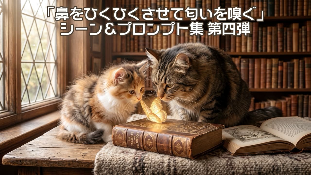 「魔法の図書室に迷い込んだニャンコたち📚✨金色の蝶に誘われて、秘密の冒険が始まる予感…？🤫 #猫 #子猫 #猫のいる生活 #読書 #魔法 #癒し」An ultra-realistic high-quality photograph of an adorable fluffy long-haired cream and white kitten and an elegant long-haired brown tabby adult cat side by side on a rustic wooden desk. Both cats are curiously sniffing a softly glowing golden butterfly resting on an antique book titled \"THE SECRETS OF THE WILDWOOD.\" The background is a cozy library with overflowing bookshelves, with enchanting sunlight filtering through a detailed grid window, creating a warm, heartwarming atmosphere. The intricate textures of their fur and the book are rendered in high detail. 暖かく居心地の良い図書室で、左側に蓬松な長毛のクリーム＆ホワイト（橙白）の子猫、右側にエレガントな長毛のブラウンタビー（キジトラ）の成猫が木製デスクに並んでいる。両猫とも好奇心に満ちた表情で、開かれた古董本「THE SECRETS OF THE WILDWOOD」に止まる、柔らかく輝く金色の蝶に鼻を近づけて嗅いでいる。背景は本棚が立ち並び、格子窓から柔らかく幻想的な太陽の光が差し込み、夢のような雰囲気を醸し出している。子猫の柔らかい被毛と、成猫の力強い被毛の質感が詳細に描写されている