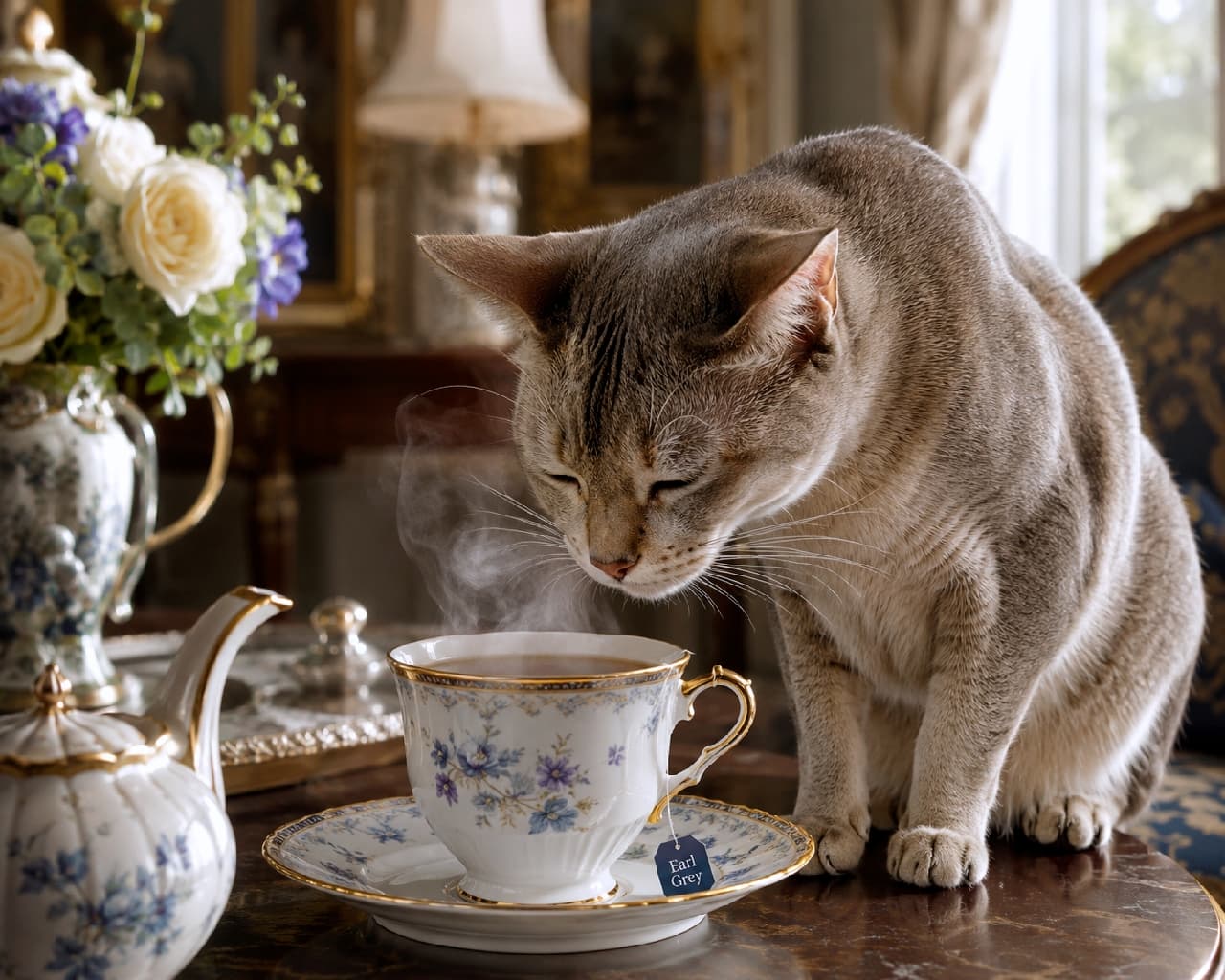 「ベルガモットの良い香りに思わどうっとり…🫖🌸 優雅なアフタヌーンティーを楽しむ猫ちゃんと至福のひとときを🍰🤎 #エレガント #ティータイム #猫のいる生活」Ultra-realistic high-quality photograph of an elegant adult cat closing its eyes to sniff a steaming cup of Earl Grey tea in a beautiful floral teacup. The soft afternoon sunlight highlights the cat's ticked tabby coat in a sophisticated, classic tea room setting. 優雅なアンティーク家具と花が飾られた洋室で、テーブルに置かれた湯気の立つアールグレイの紅茶(美しい花柄のティーカップ)に目を閉じてうっとりと鼻を近づけるエレガントな成猫。特徴的なティックドタビーの短い被毛と大きな耳が、午後の柔らかな日差しに照らされている